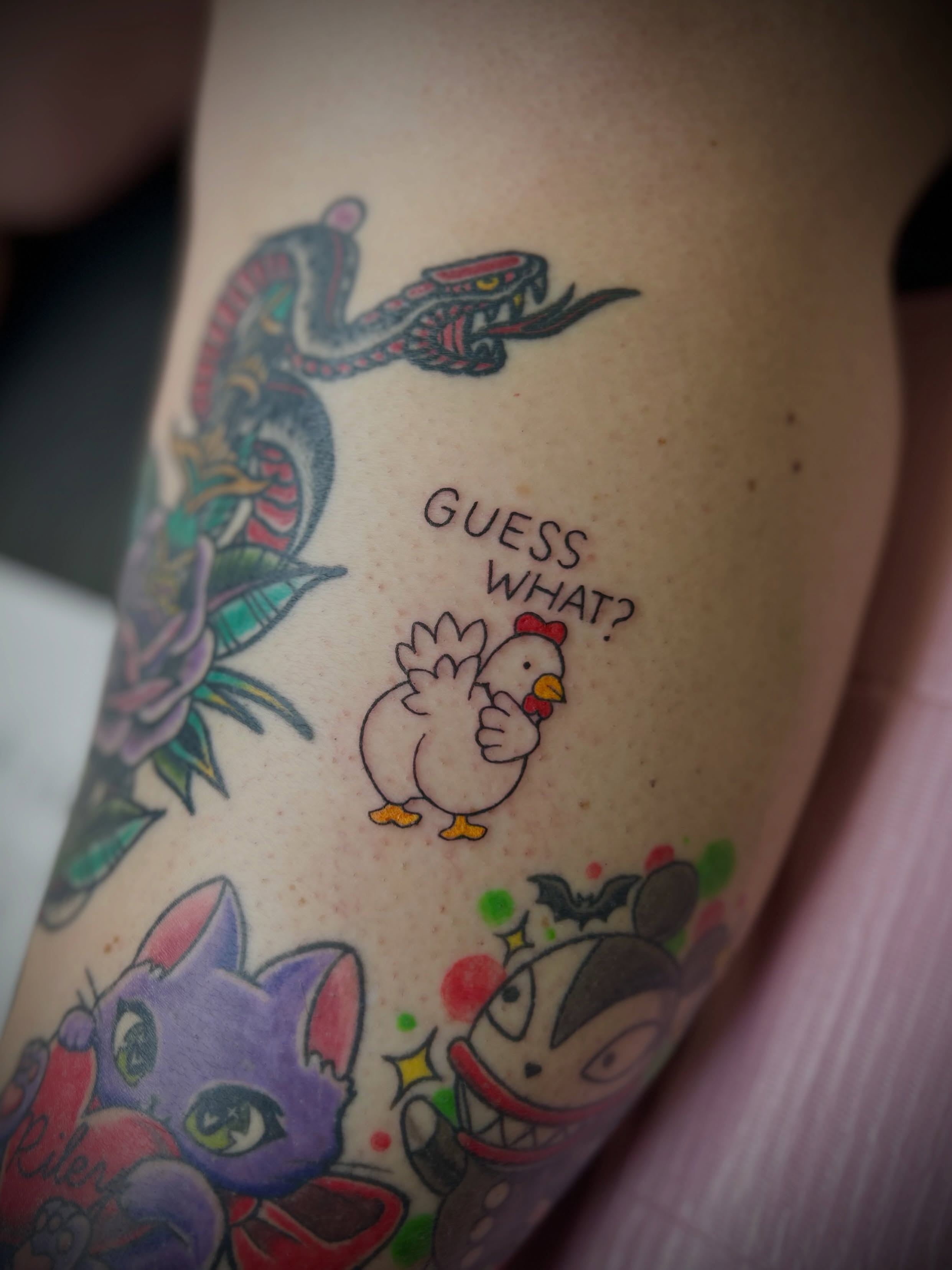 Chicken American traditional tattoo on the forearm by Browtique & Ink, Clearwater, Florida