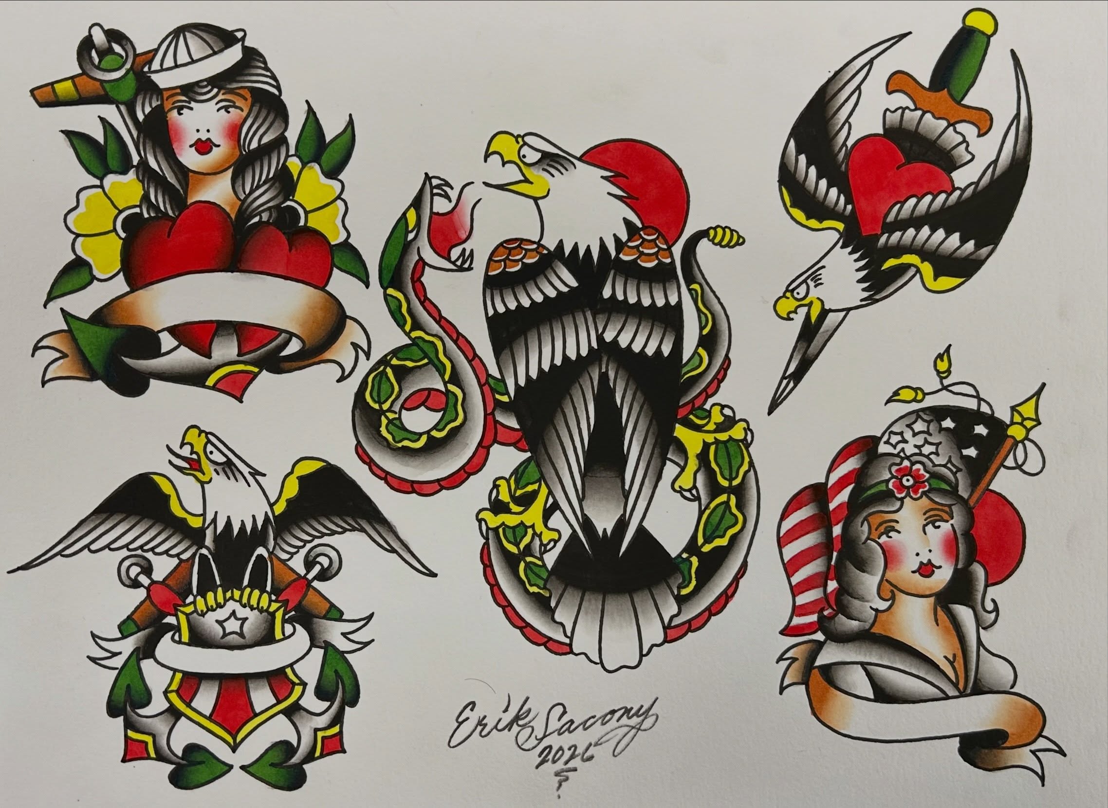 Eagle and heart American traditional tattoo by Erik Sacony