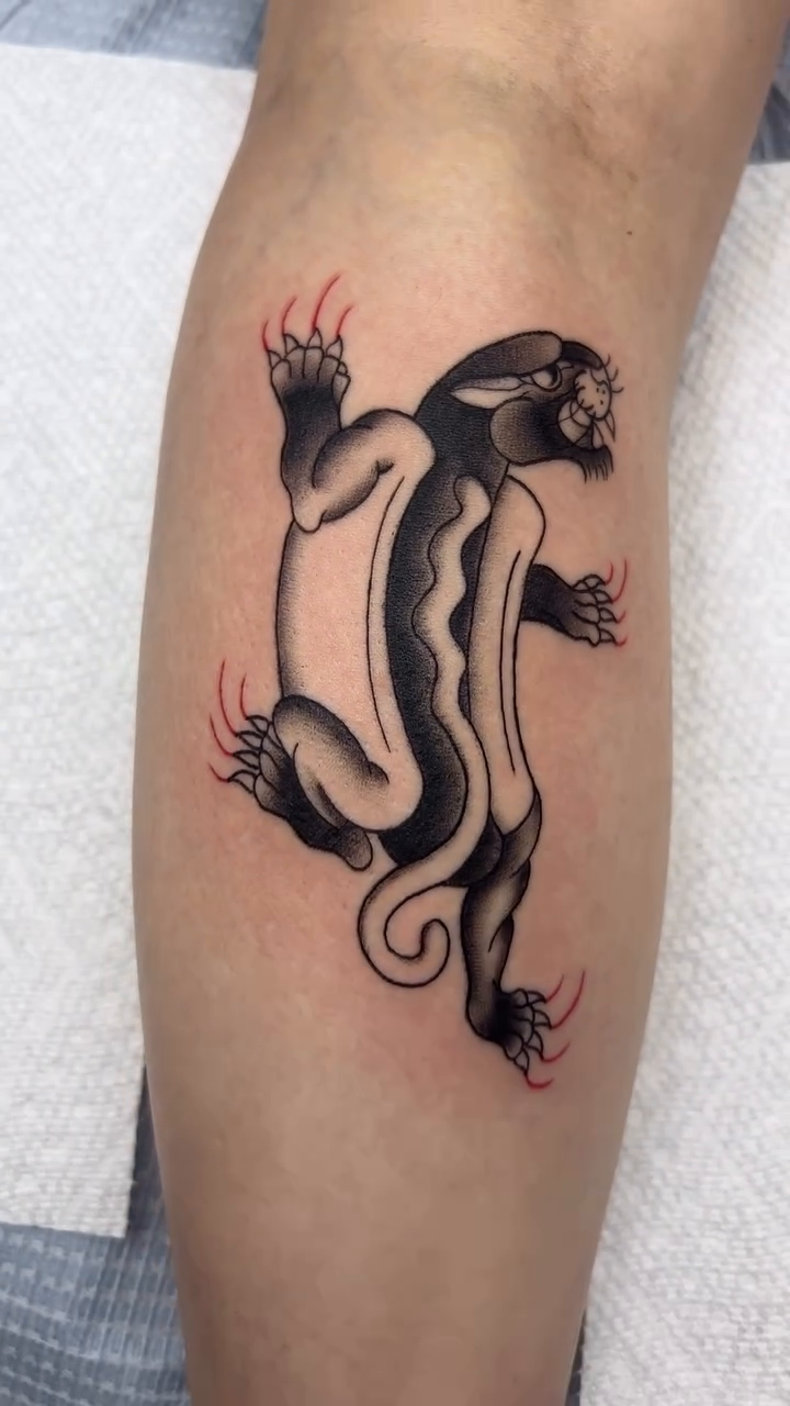 Panther American traditional tattoo by Blair Schwartz, Asbury Park, New Jersey