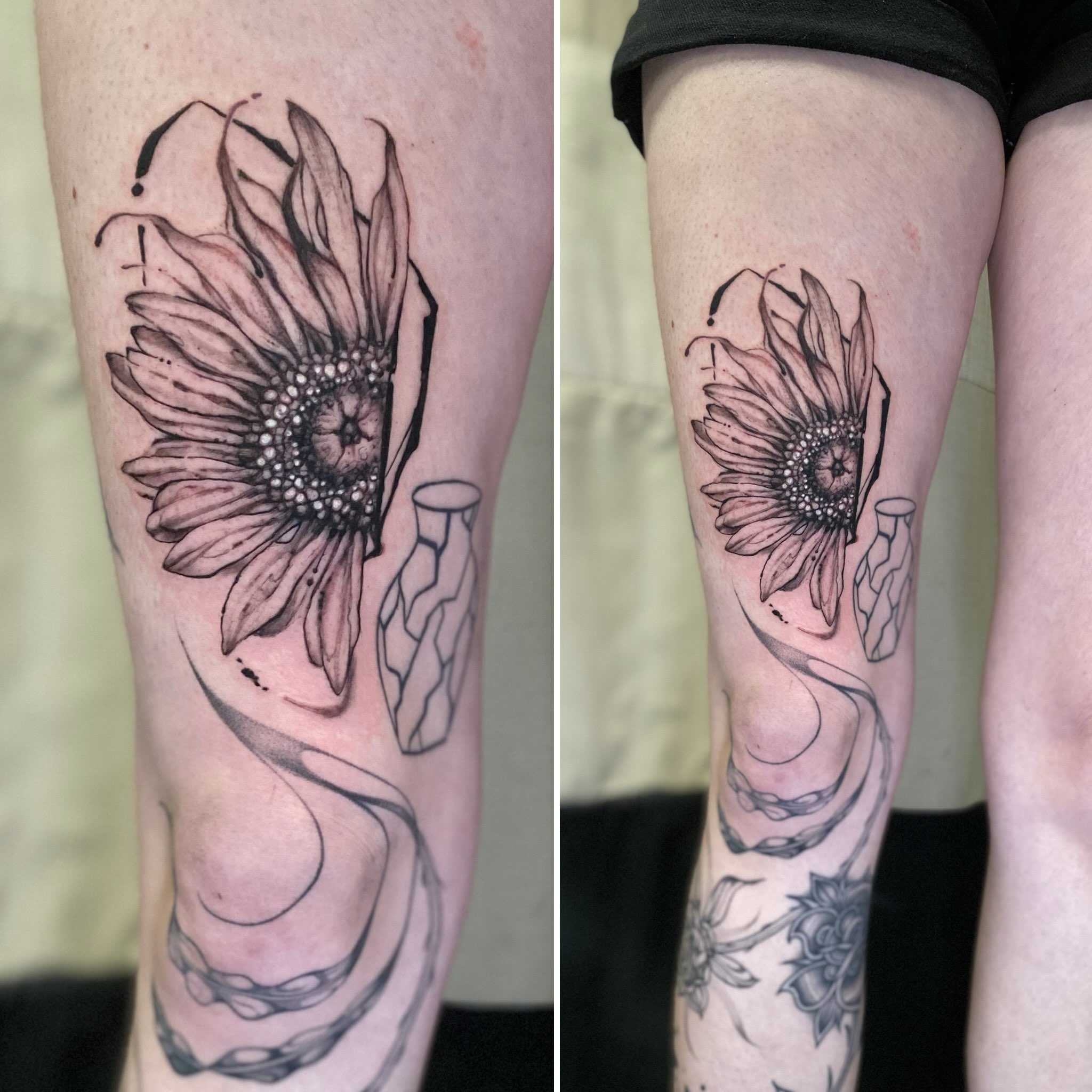 Sunflower black and grey tattoo on the forearm by Dana Jones