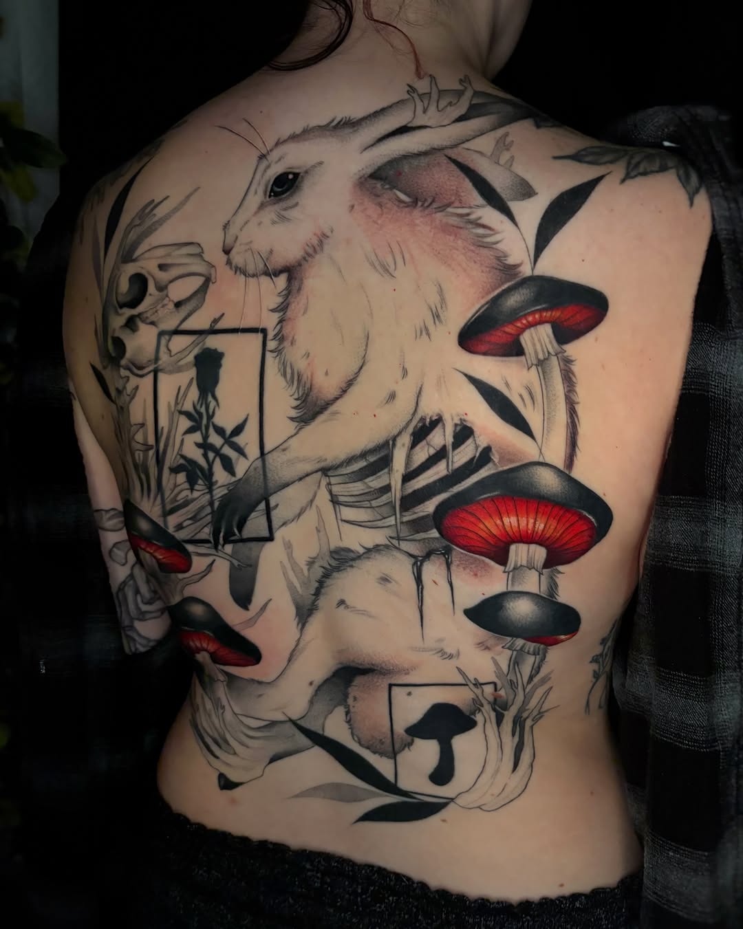 Rabbit and mushrooms American traditional tattoo on the back by Sam chase, Naperville, Illinois
