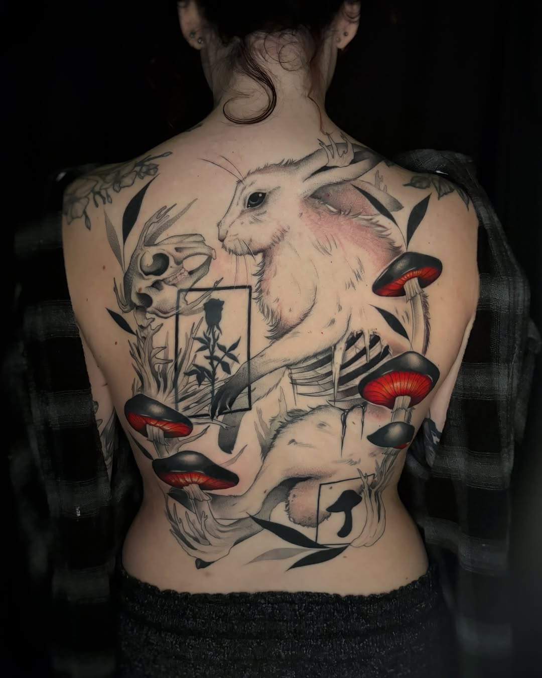 Goat and mushrooms realism tattoo on the back by Sam chase, Naperville, Illinois