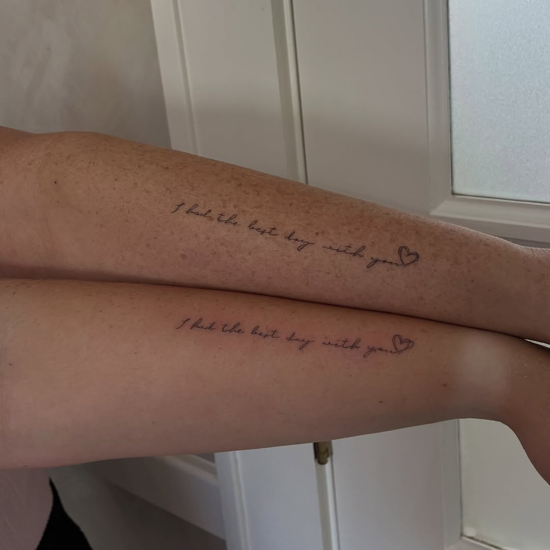 Text and heart lettering script tattoo on the forearm by Lexie Decker, Canton, Ohio