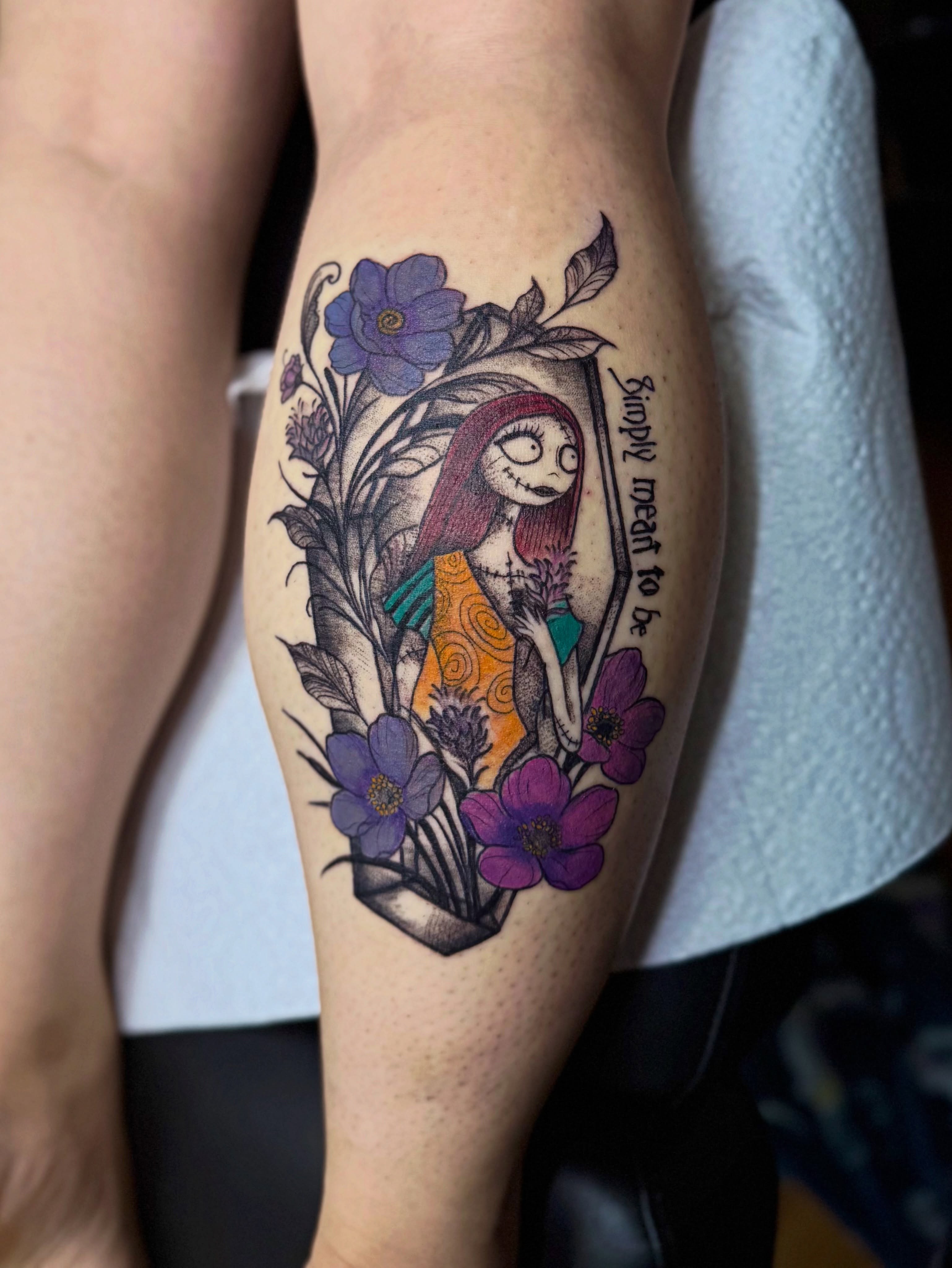 Jack Skellington dark realism tattoo on the thigh by Skylar Sheeley