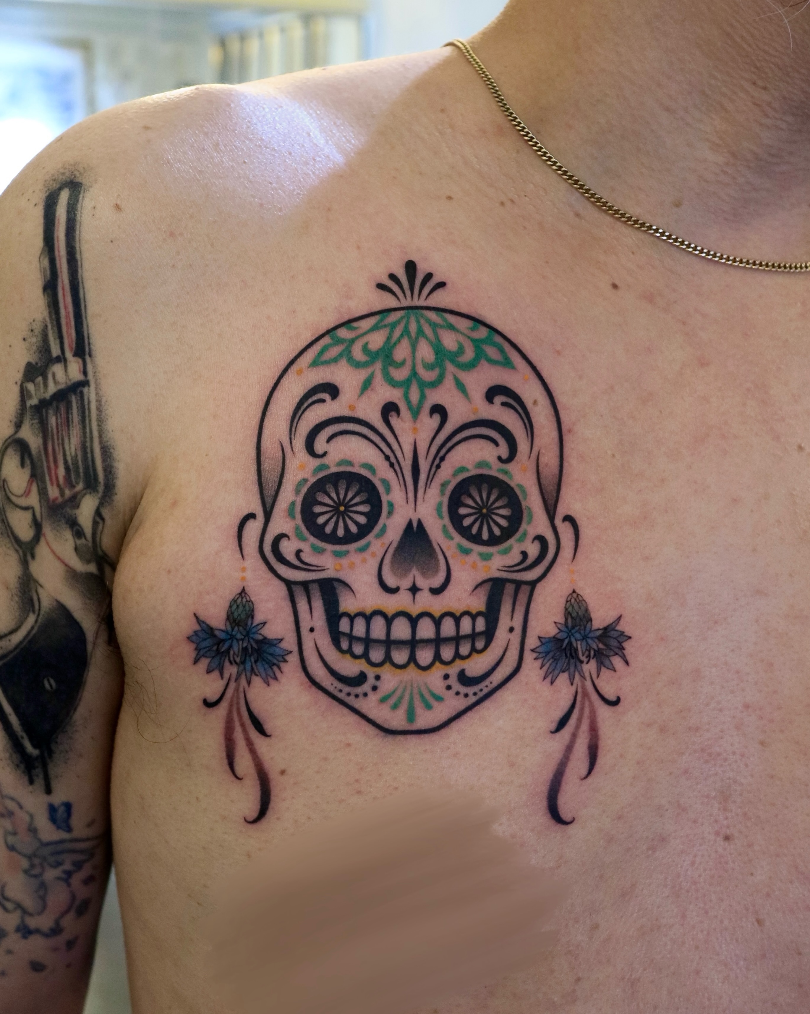 Sugar skull Chicano tattoo on the chest by Seoul tattoo