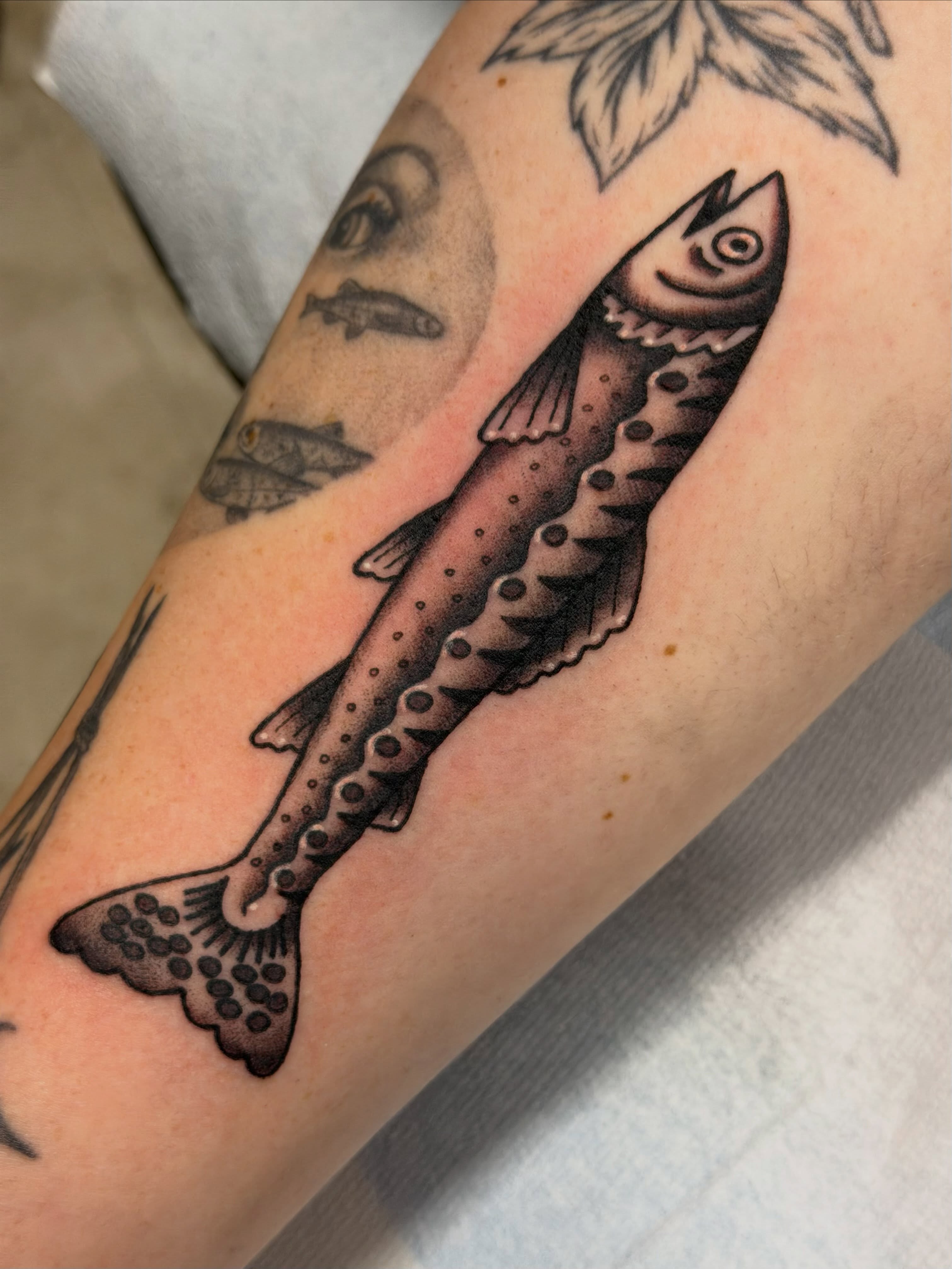 Fish dotwork tattoo on the forearm by Gerald Bellmore