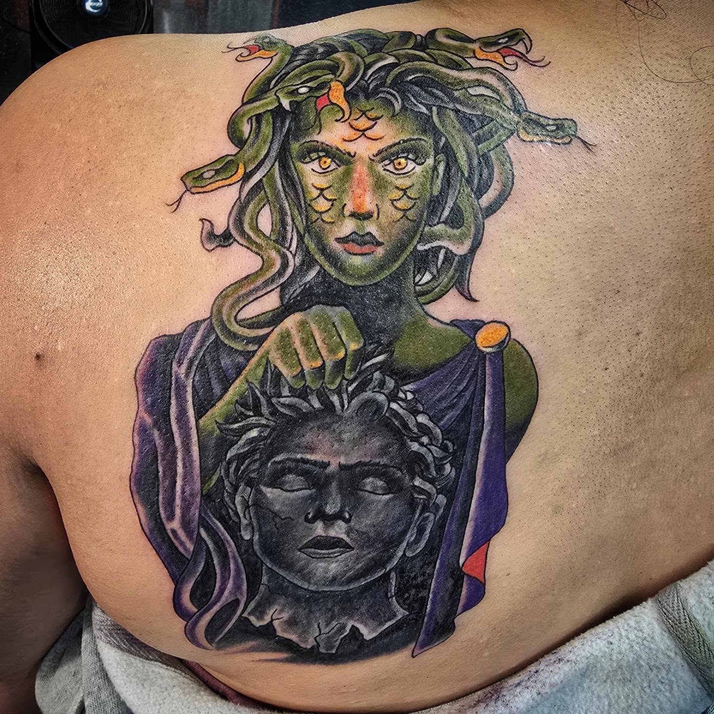 Medusa American traditional tattoo on the back by Tattoo Artist, Orange, California