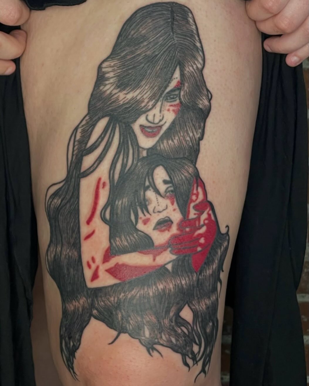 Mother and child realism tattoo on the thigh by Avalon Sable