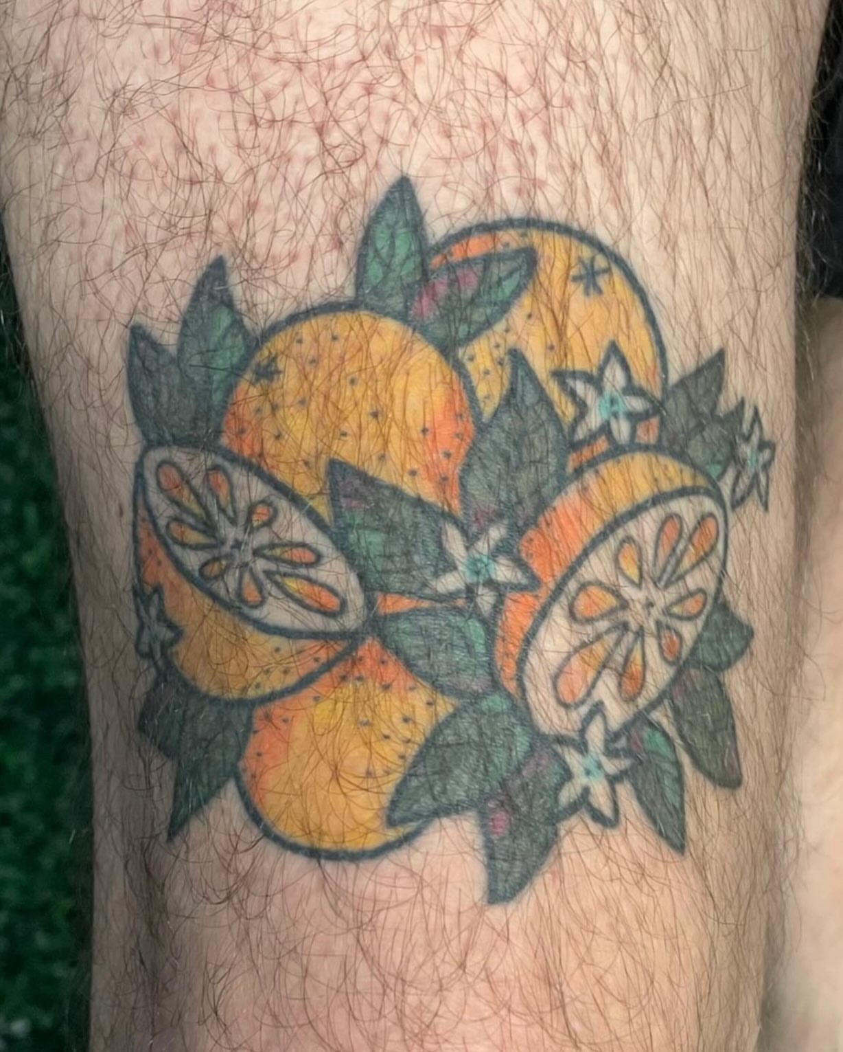 Citrus fruit dotwork tattoo on the forearm by Avalon Sable