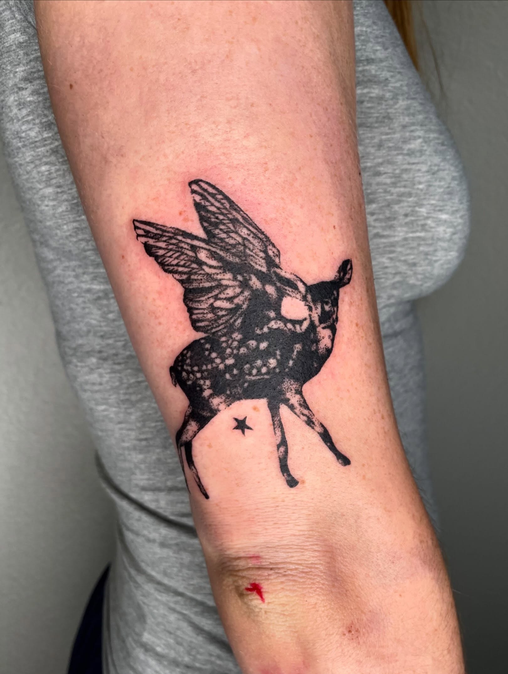 Flying deer black and grey tattoo on the forearm by sara ‧⭑𓆝 𓆟 𓆞 𓆝 𓆟 ⭑‧₊
