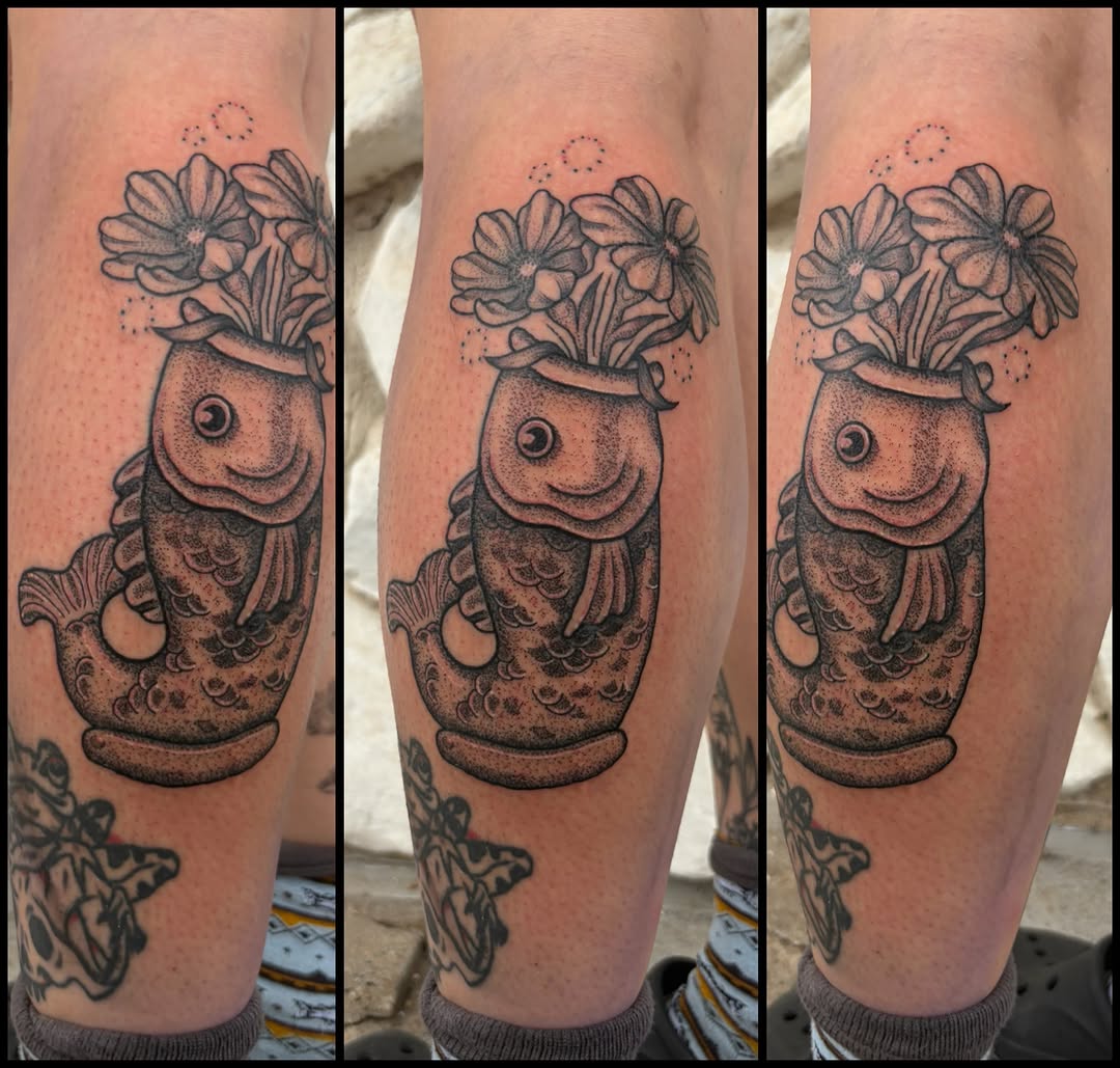 Fish with flowers dotwork tattoo on the forearm by 𝔎𝔞𝔱𝔦𝔢 𝔚𝔦𝔱𝔱𝔴𝔢𝔯