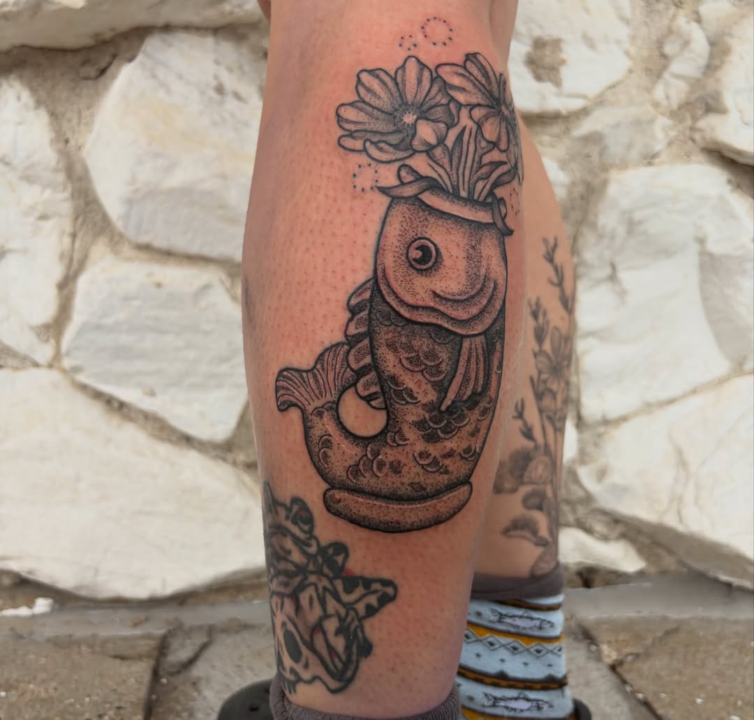 Koi fish in vase dotwork tattoo on the forearm by 𝔎𝔞𝔱𝔦𝔢 𝔚𝔦𝔱𝔱𝔴𝔢𝔯