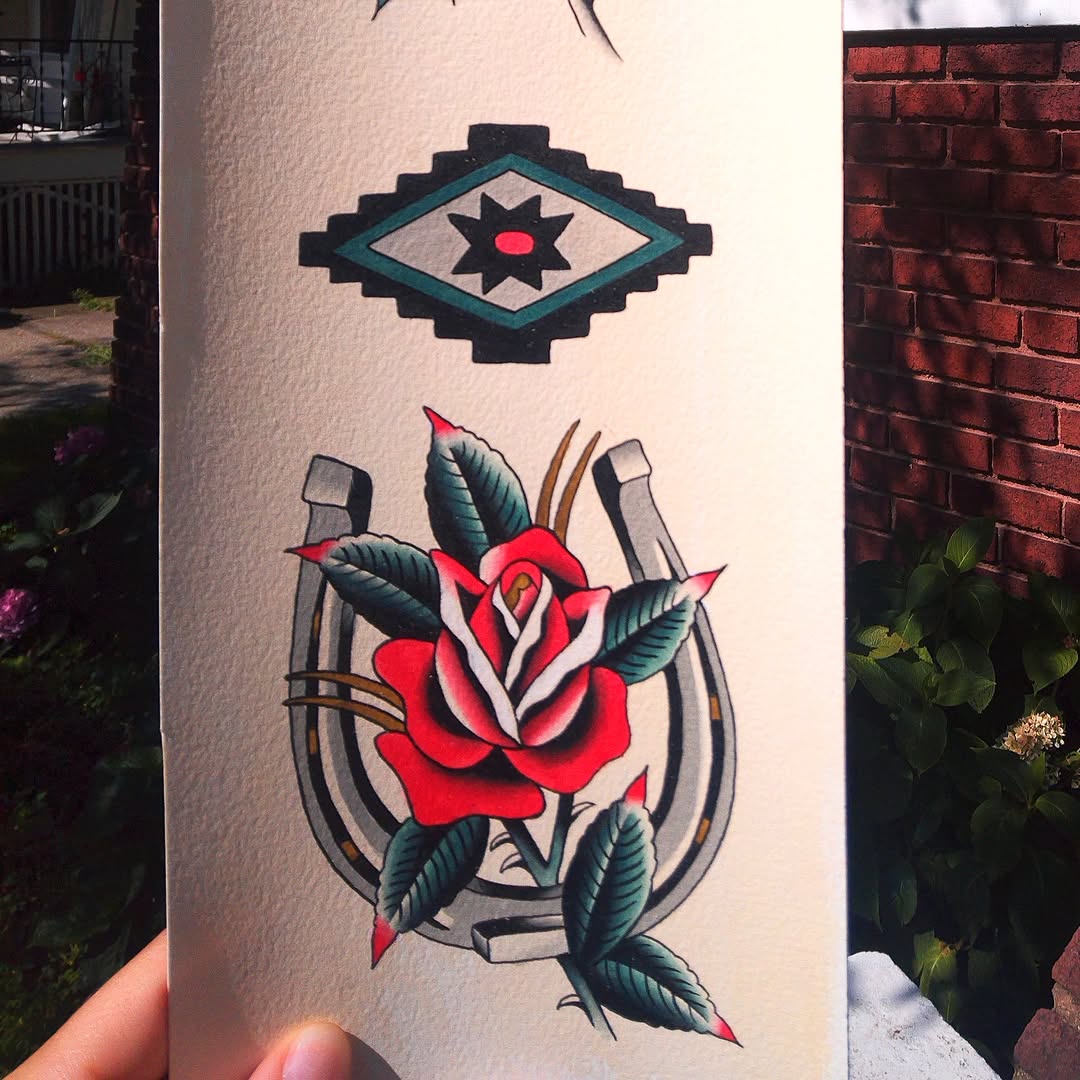 Rose and horseshoe American traditional tattoo on the forearm by ༺tessa༻
