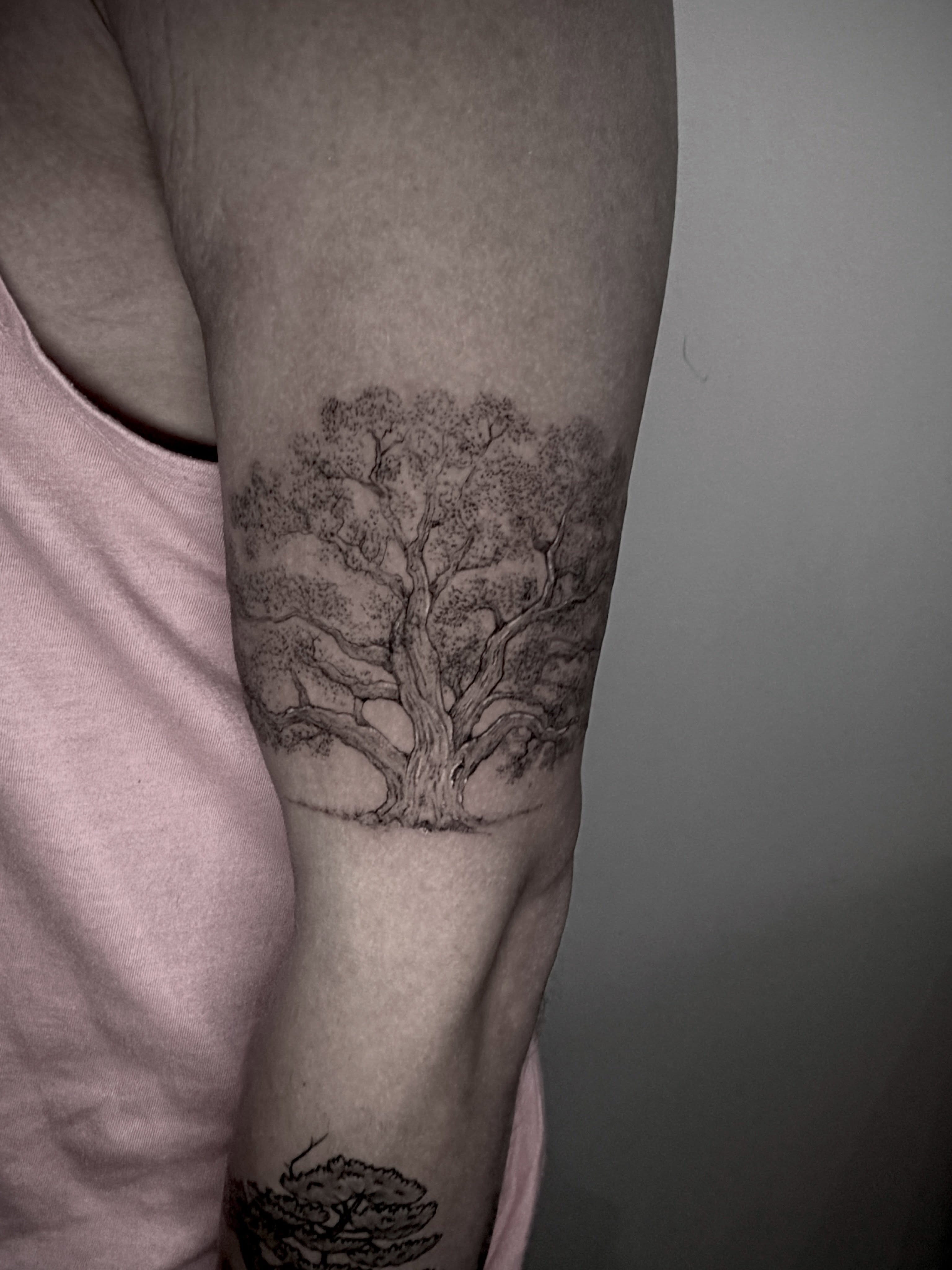 Tree dotwork tattoo on the forearm by Tattoos by Robyn Pallotta, Austin, Texas