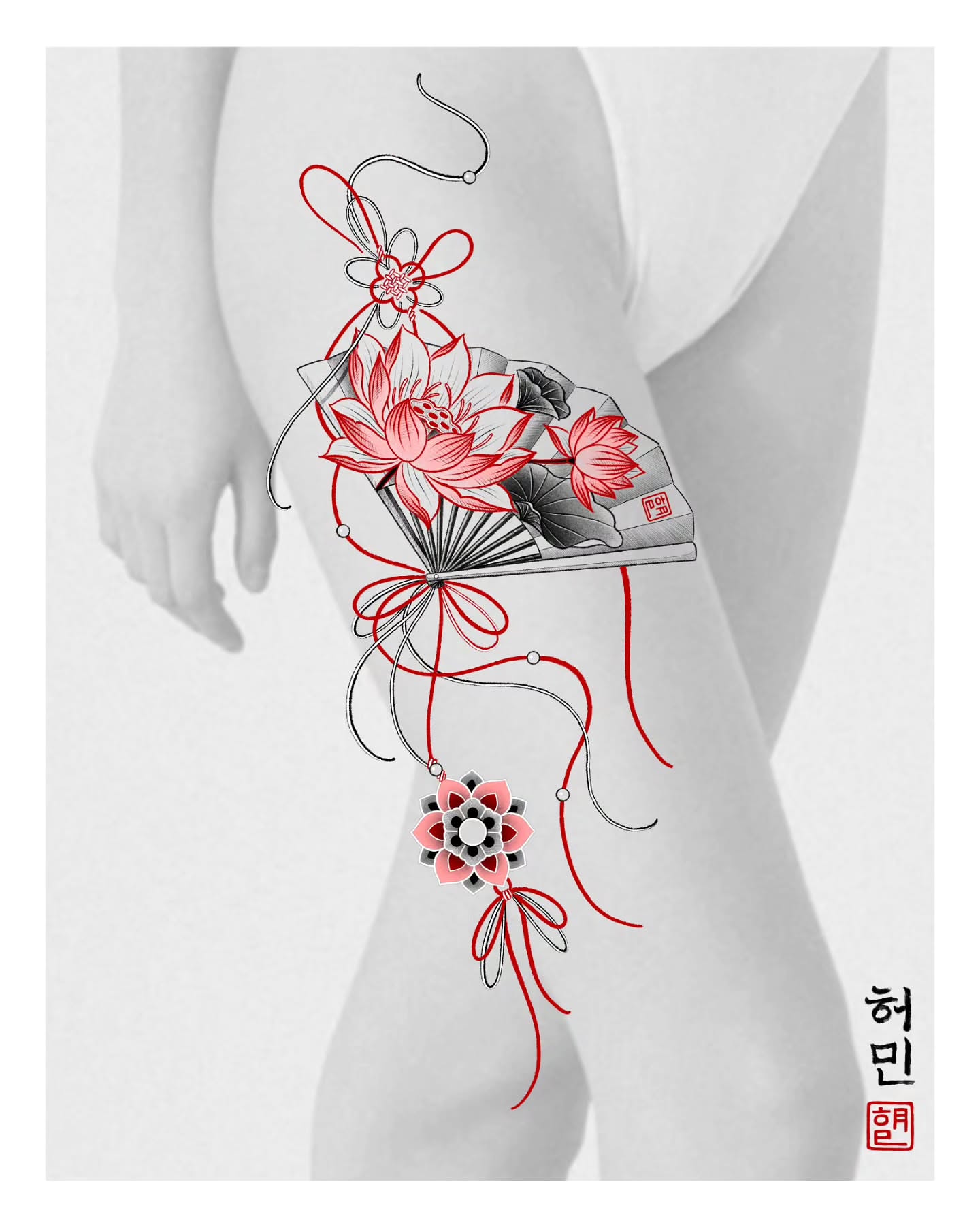 Lotus flower and fan japanese irezumi tattoo on the thigh by Tattooer Hermin 허민