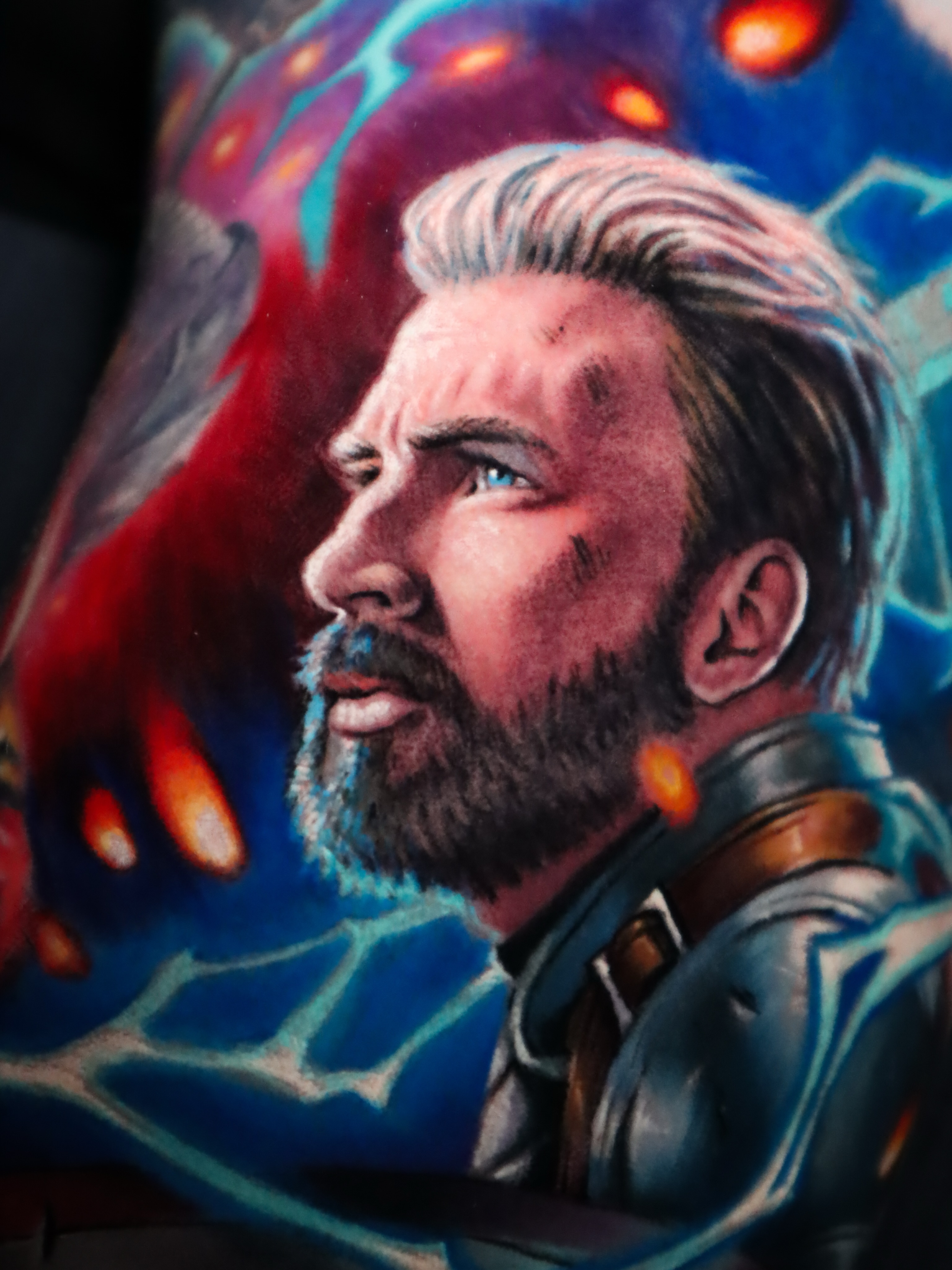 Man with beard realism tattoo on the upper arm by Jesús Blones - Tattoo Artist, Norwalk, Connecticut