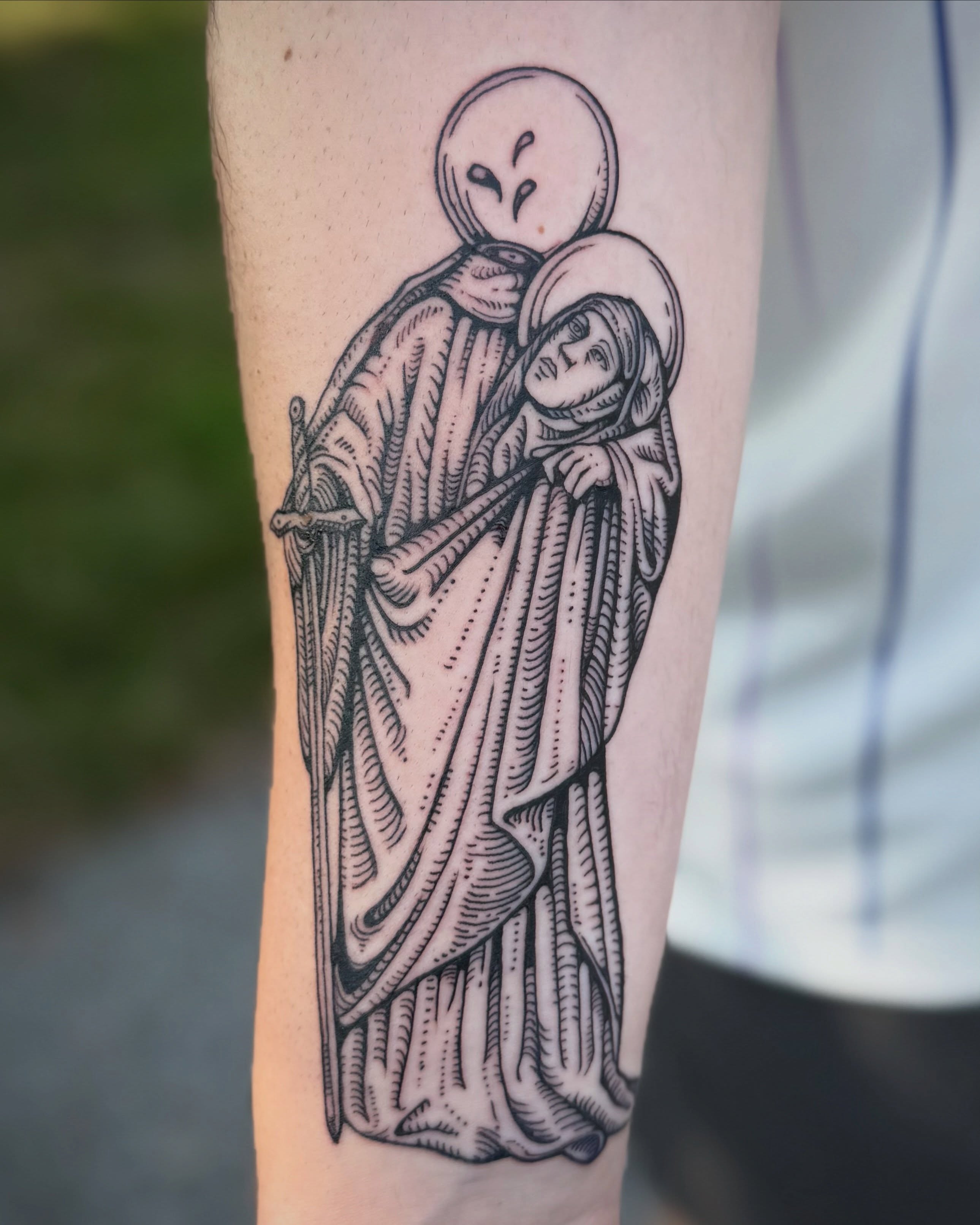 Mother and child black and grey tattoo on the forearm by โฃ ๐ฝ๐๐๐๐๐ ๐ฟ๐๐๐๐๐๐๐๐๐๐๐ โฃ