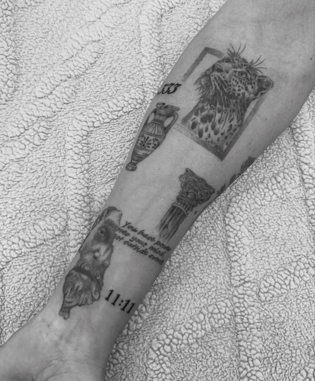 Animal heads and vase realism tattoo on the forearm by @secretlinetattoo