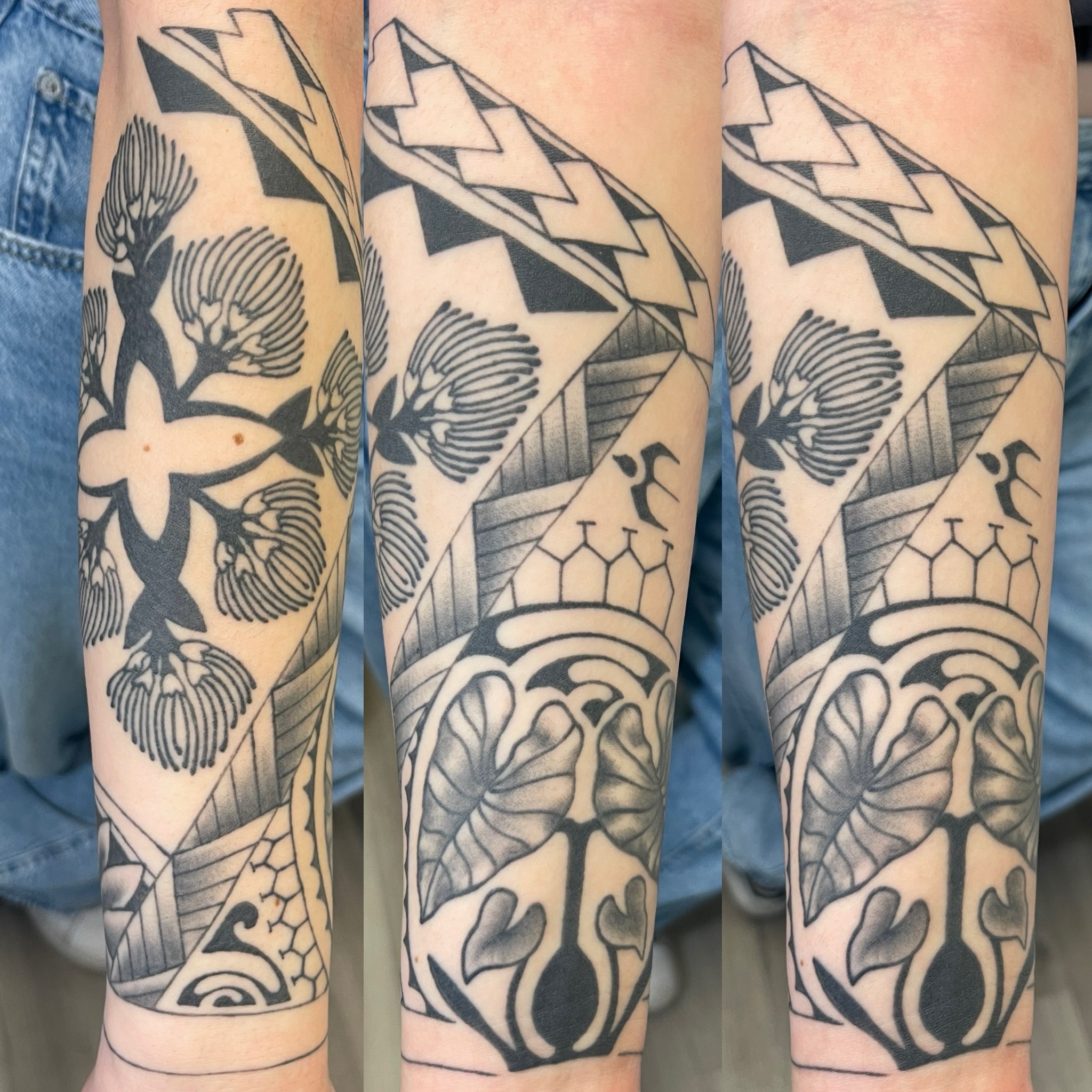Floral and geometric design geometric tattoo on the forearm by Ashley Antolin