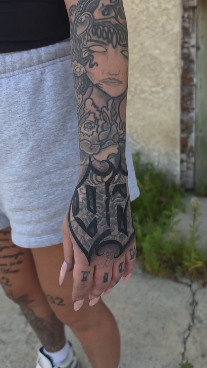 Lettering and portrait Chicano tattoo by mr.scriptkeeper
