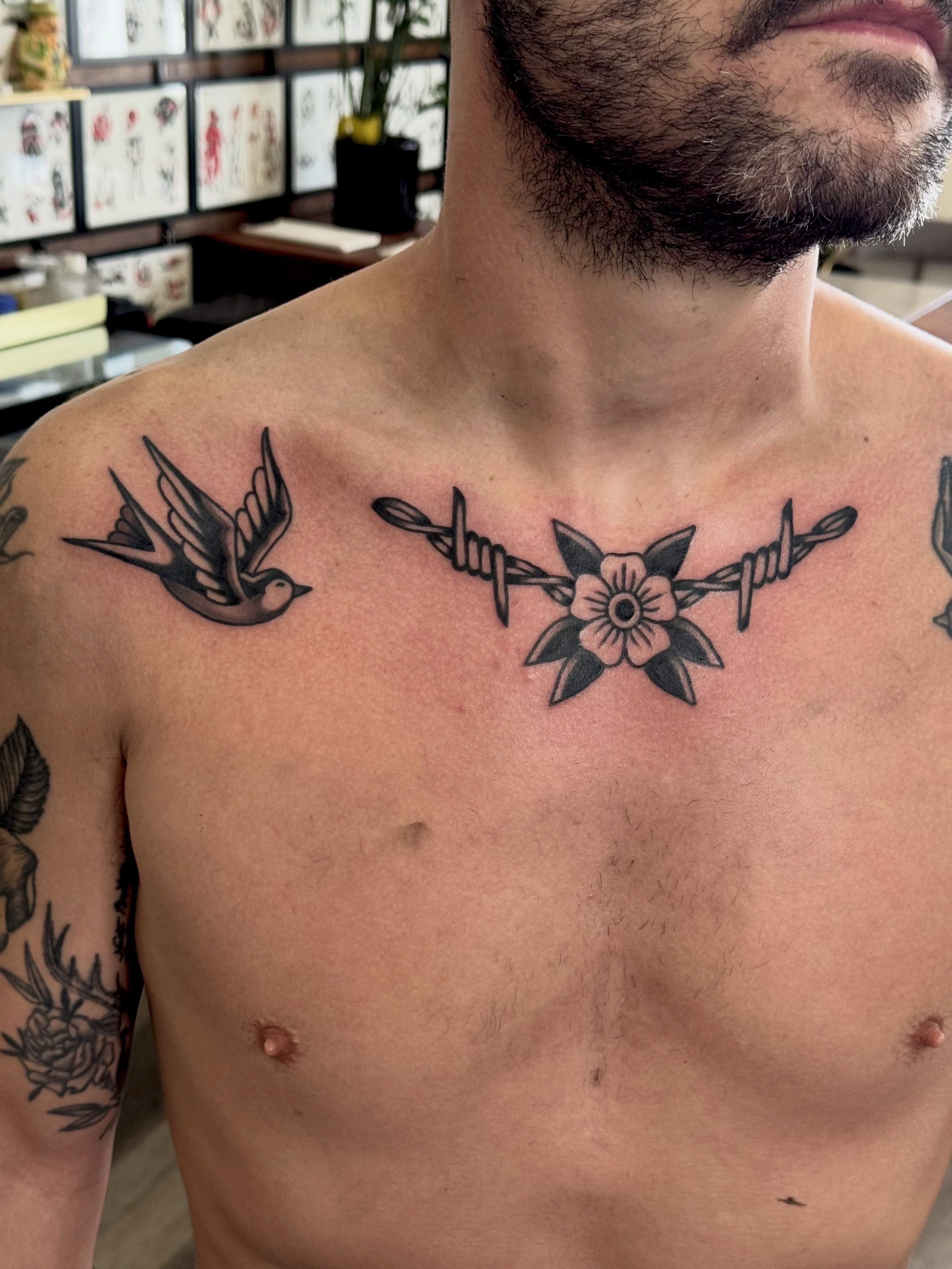 Barbed wire and flower black and grey tattoo on the chest by San Diego Tattoo Artist - 𝔍𝔞𝔠𝔬𝔟 𝔓𝔞𝔫𝔦𝔞𝔤𝔲𝔞