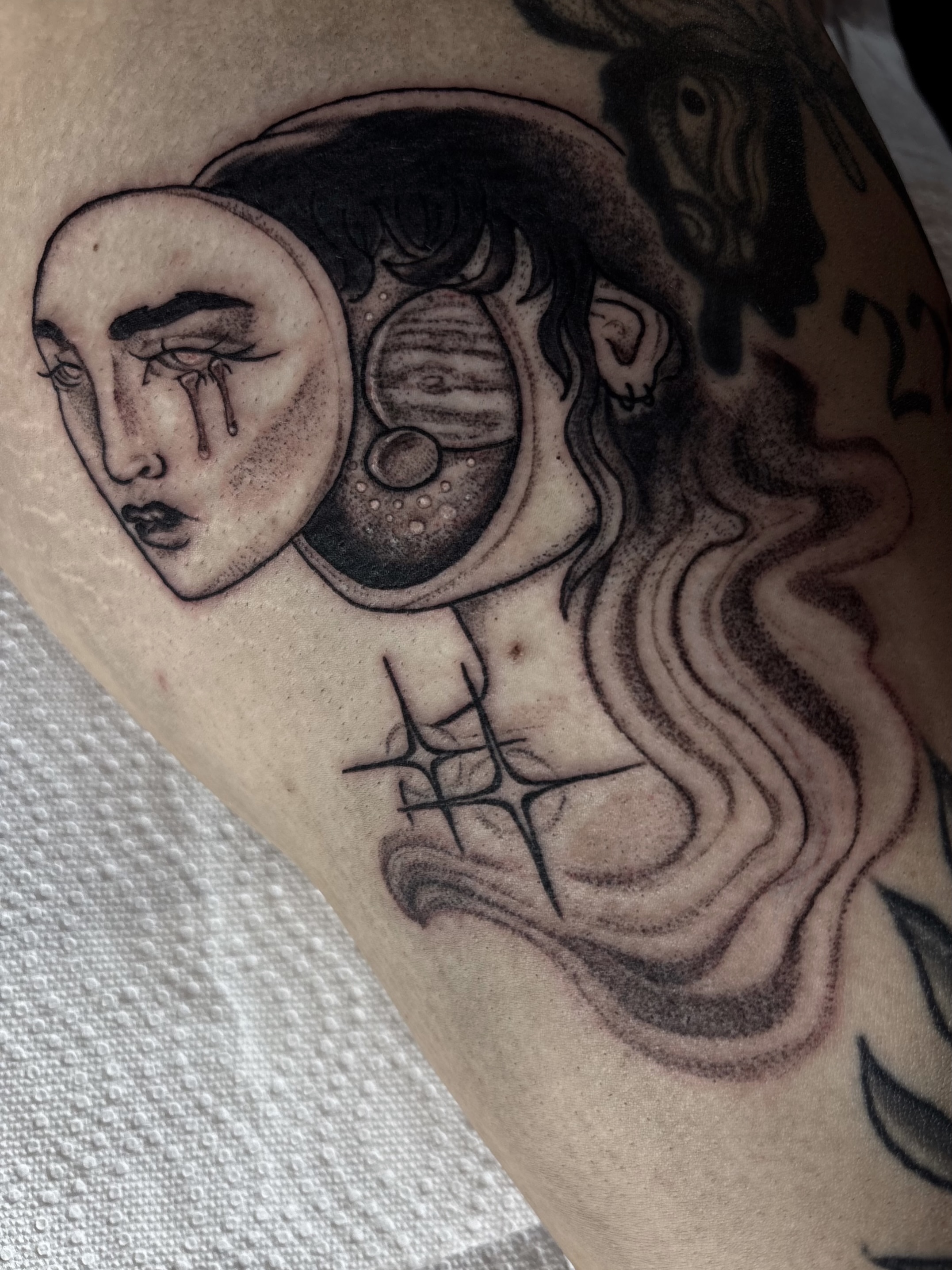 Woman with moon realism tattoo on the forearm by Nashville Tattoo Artist