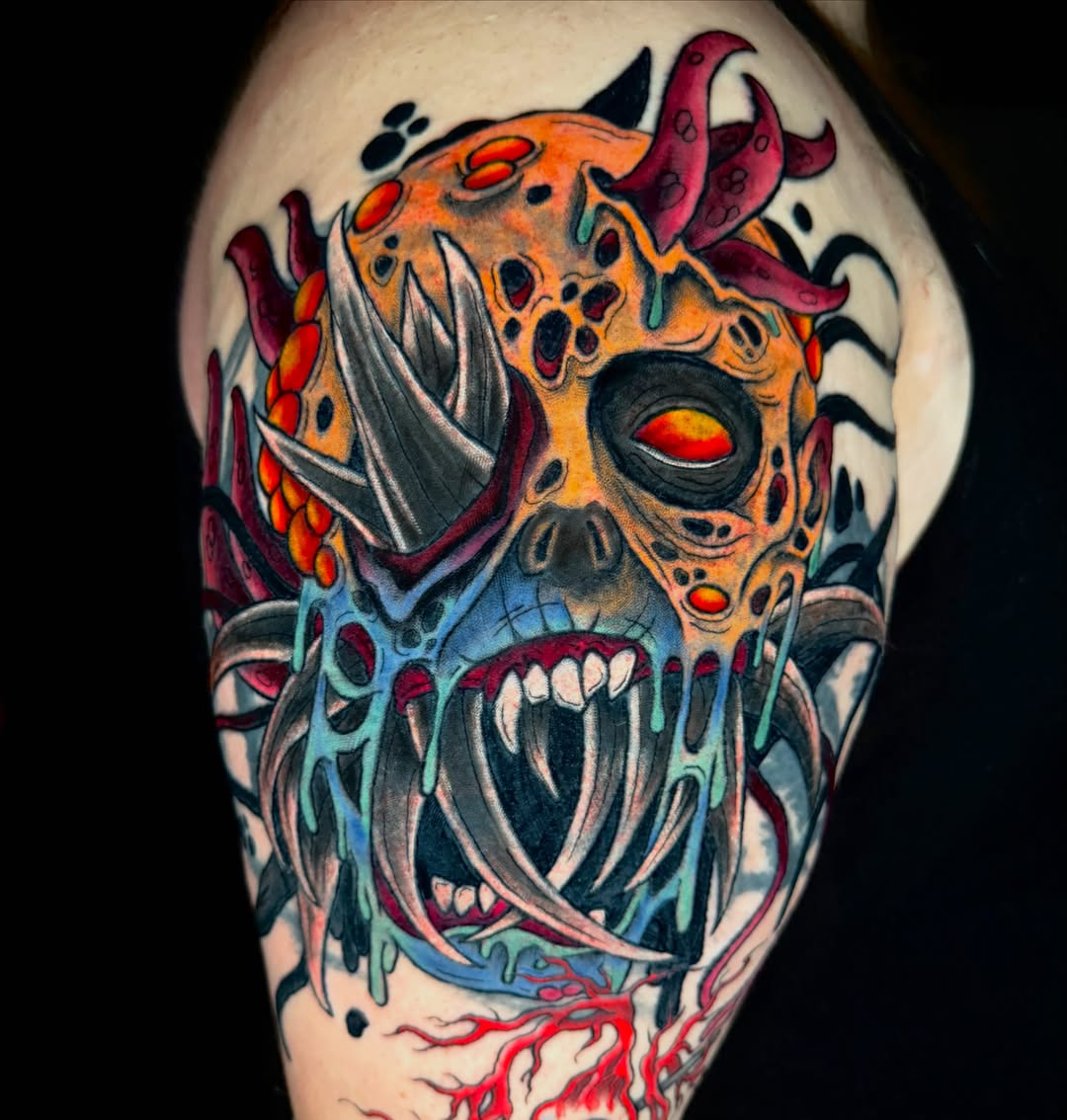 Zombie skull dark realism tattoo on the shoulder by Trenton Helms
