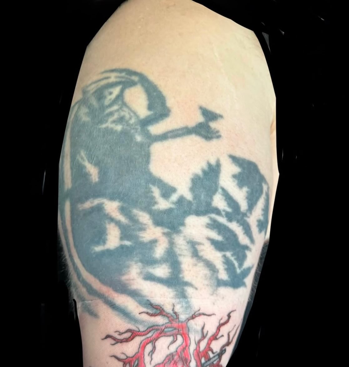 Scorpion black and grey tattoo on the forearm by Trenton Helms