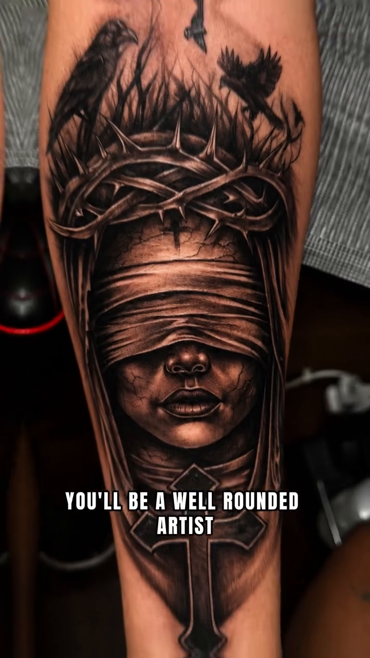 Blindfolded woman with crown of thorns realism tattoo by Anwon Johnson