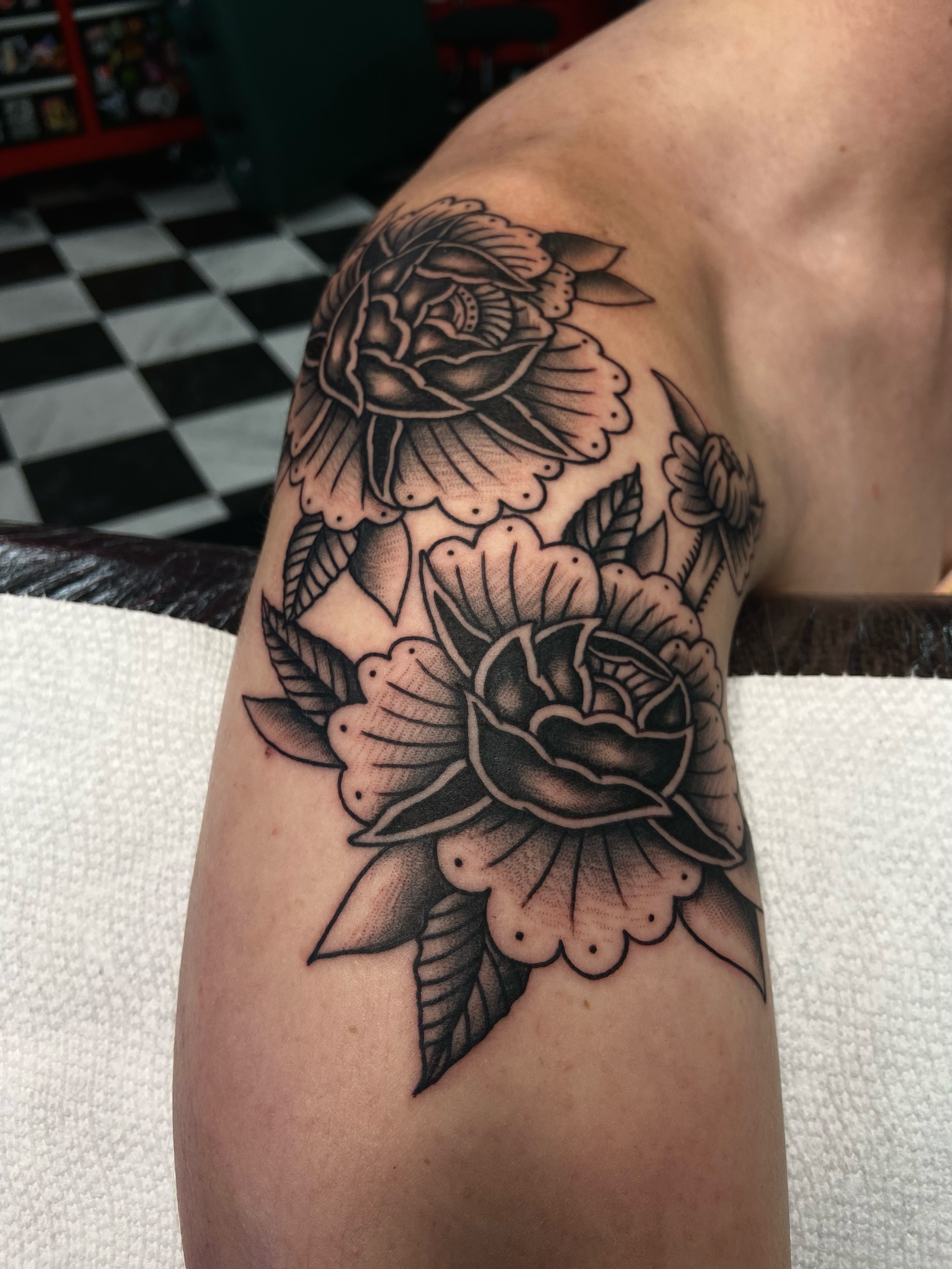 Roses black and grey tattoo on the shoulder by R y a n S m i t h