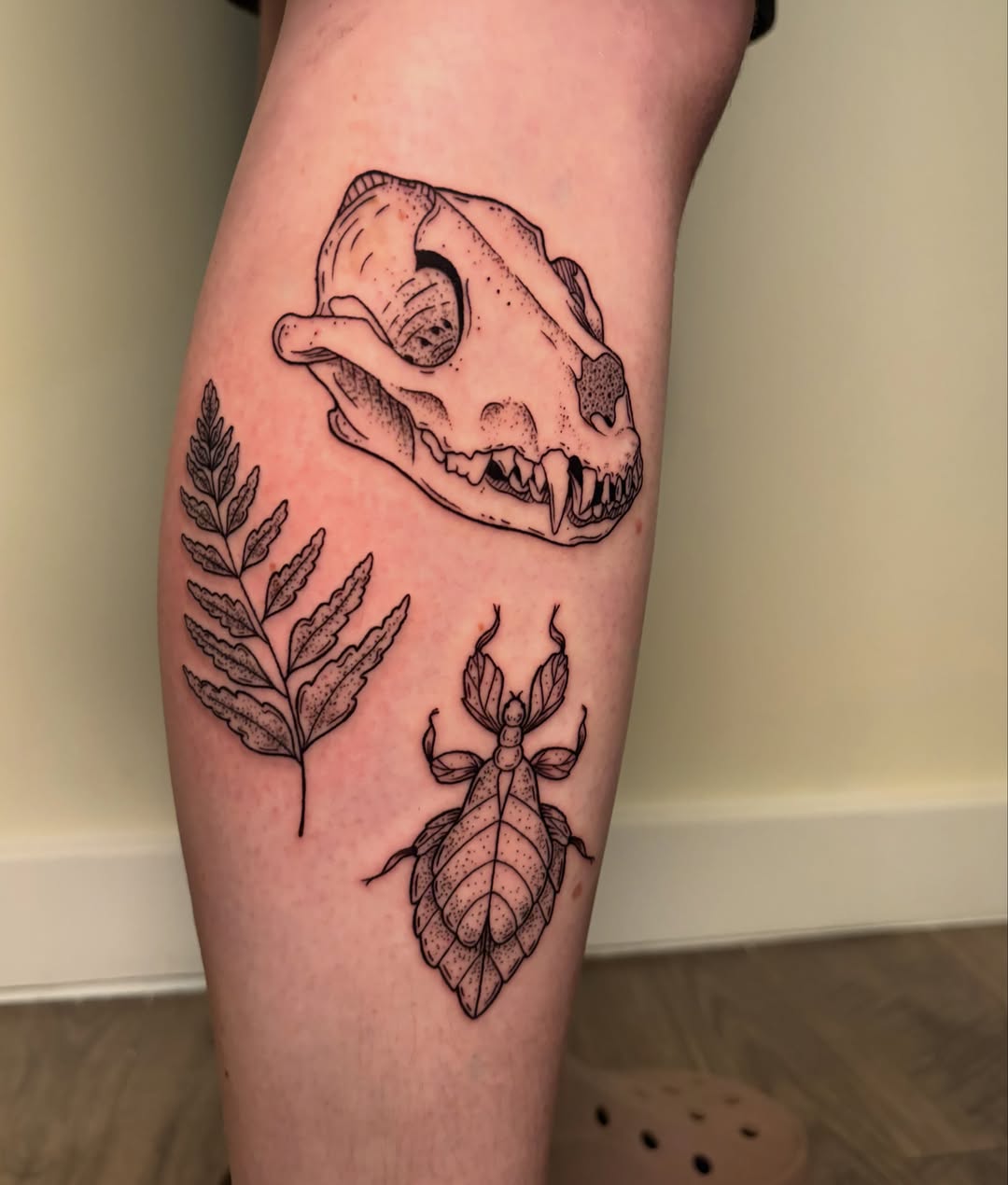 Animal skull, leaf, beetle dotwork tattoo on the forearm by Ezra Gonda