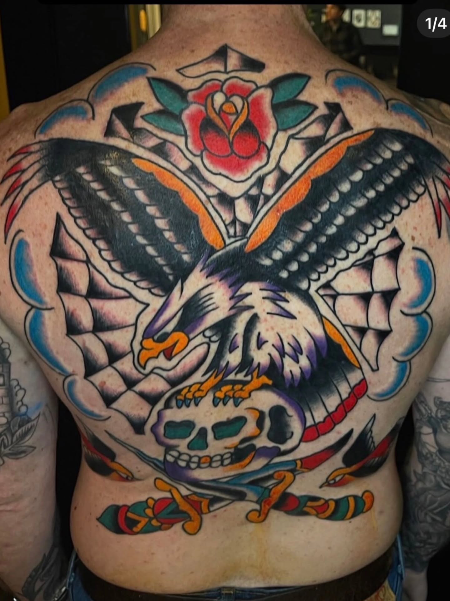 Eagle and skull American traditional tattoo on the back by Don Lee