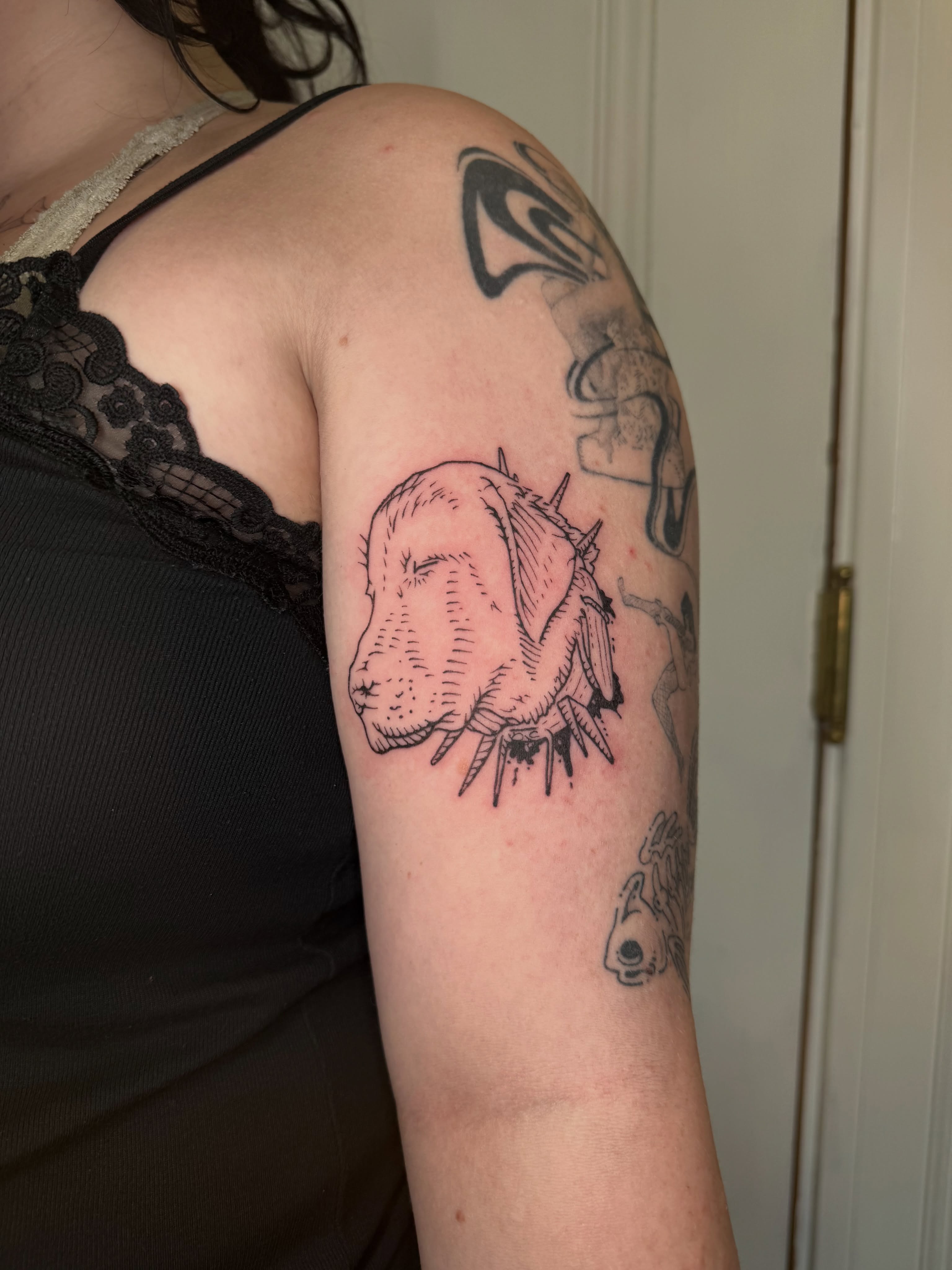 Pig realism tattoo on the upper arm by Ian Saner