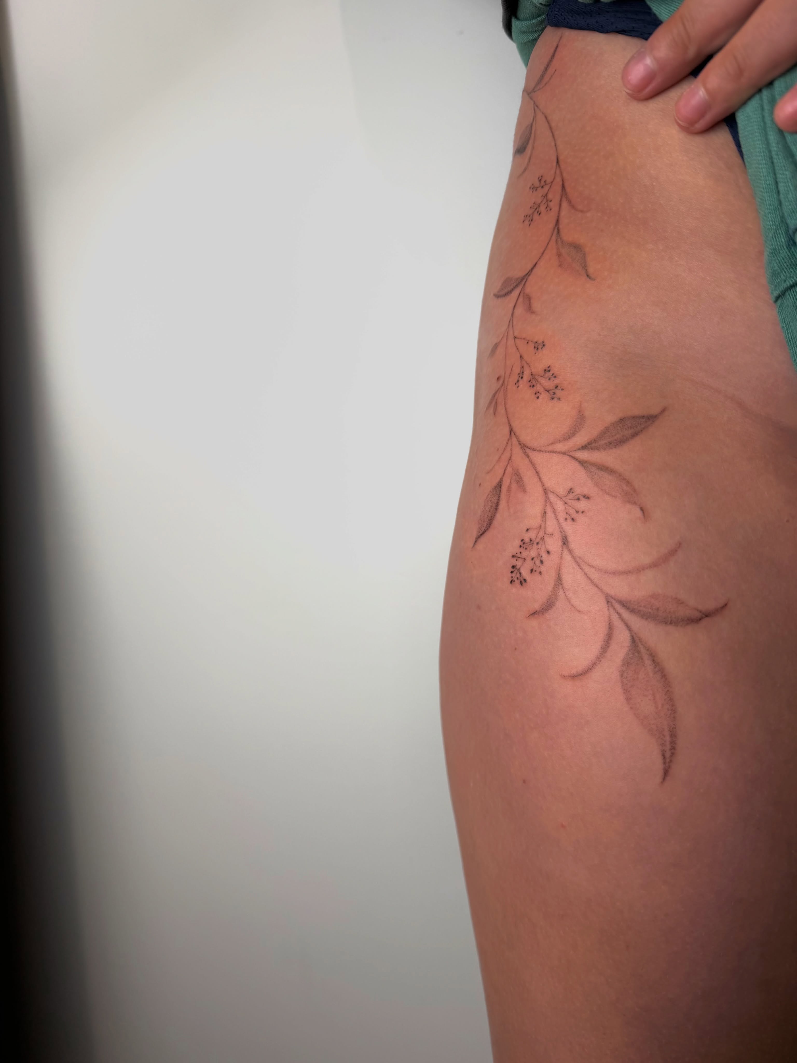 Branch with leaves black and grey tattoo on the thigh by Mackenzie