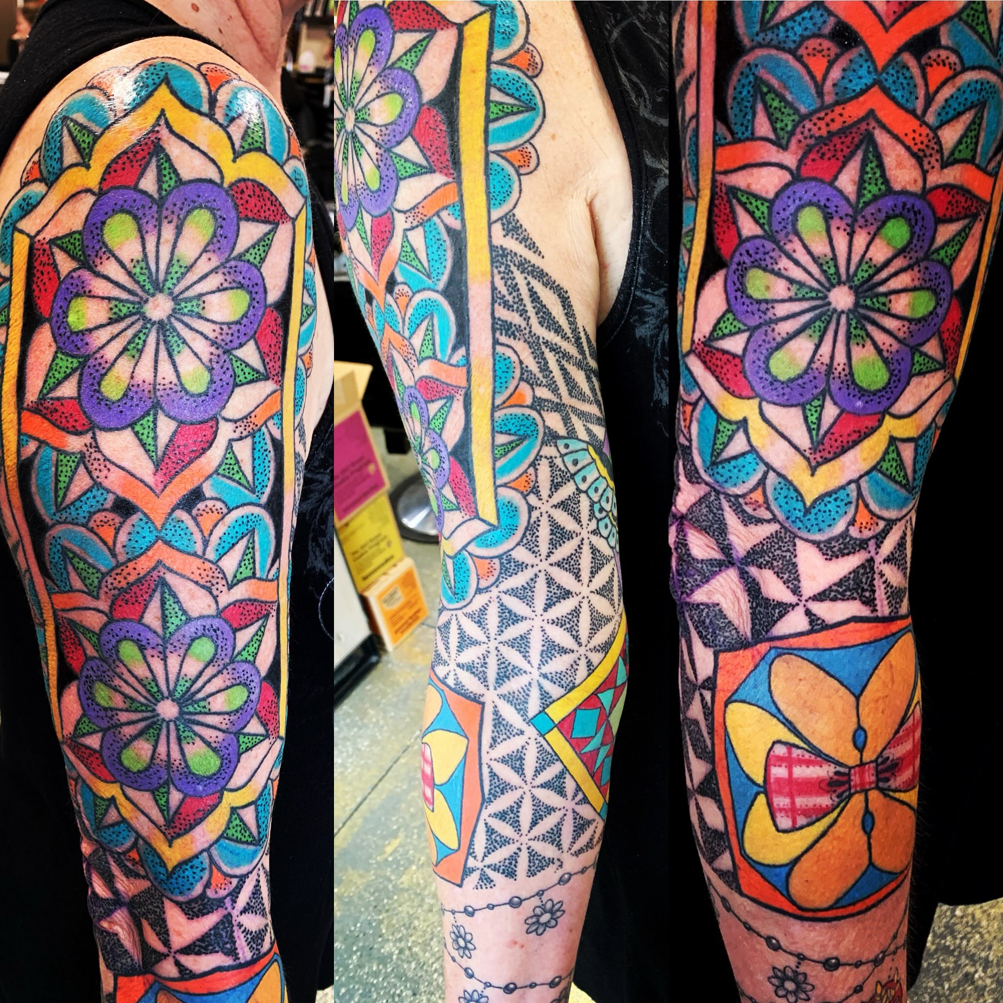 Geometric mandala dotwork tattoo on the forearm by El Kapitan