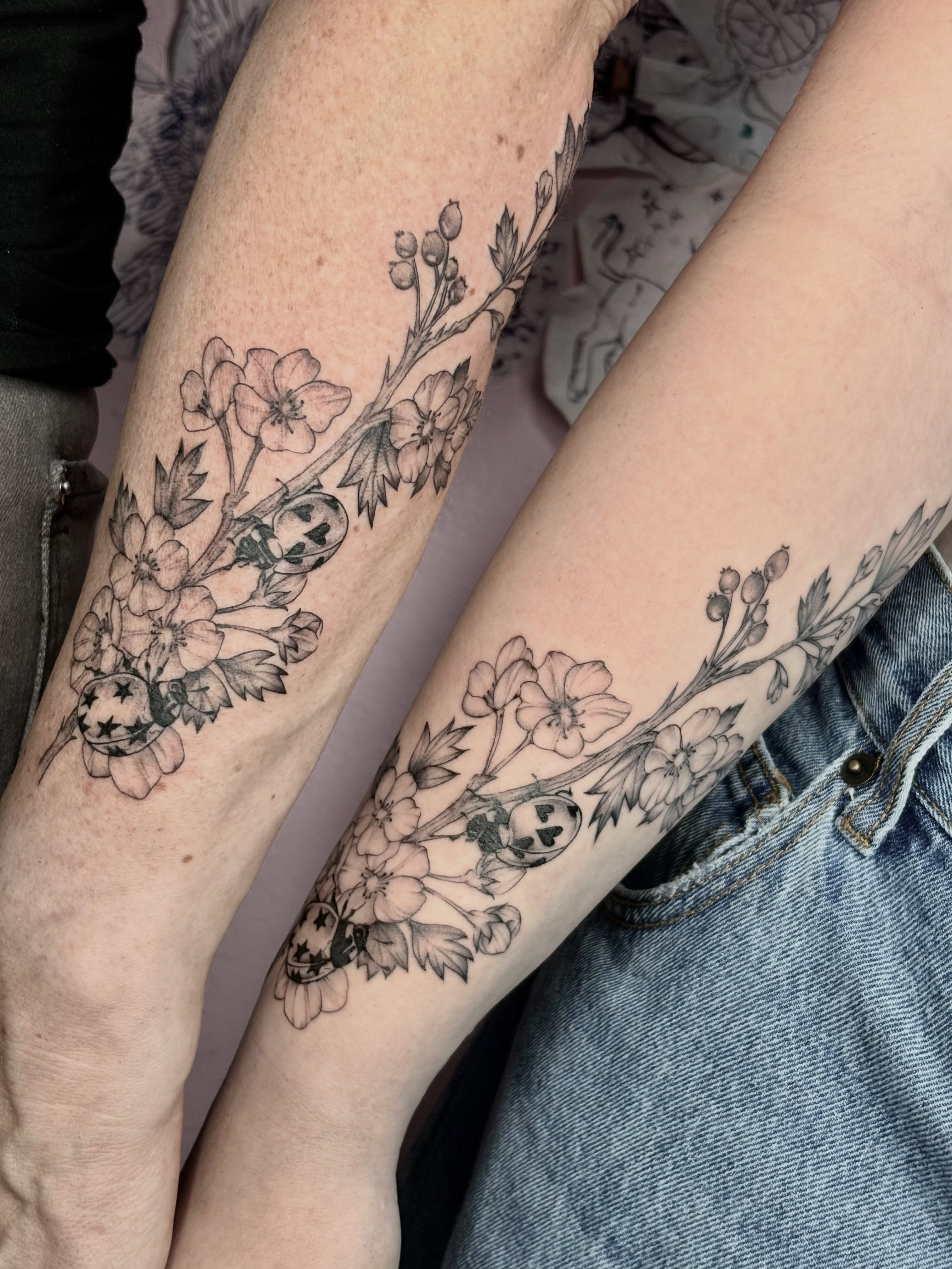 Flower branch black and grey tattoo on the forearm by Silvia :)