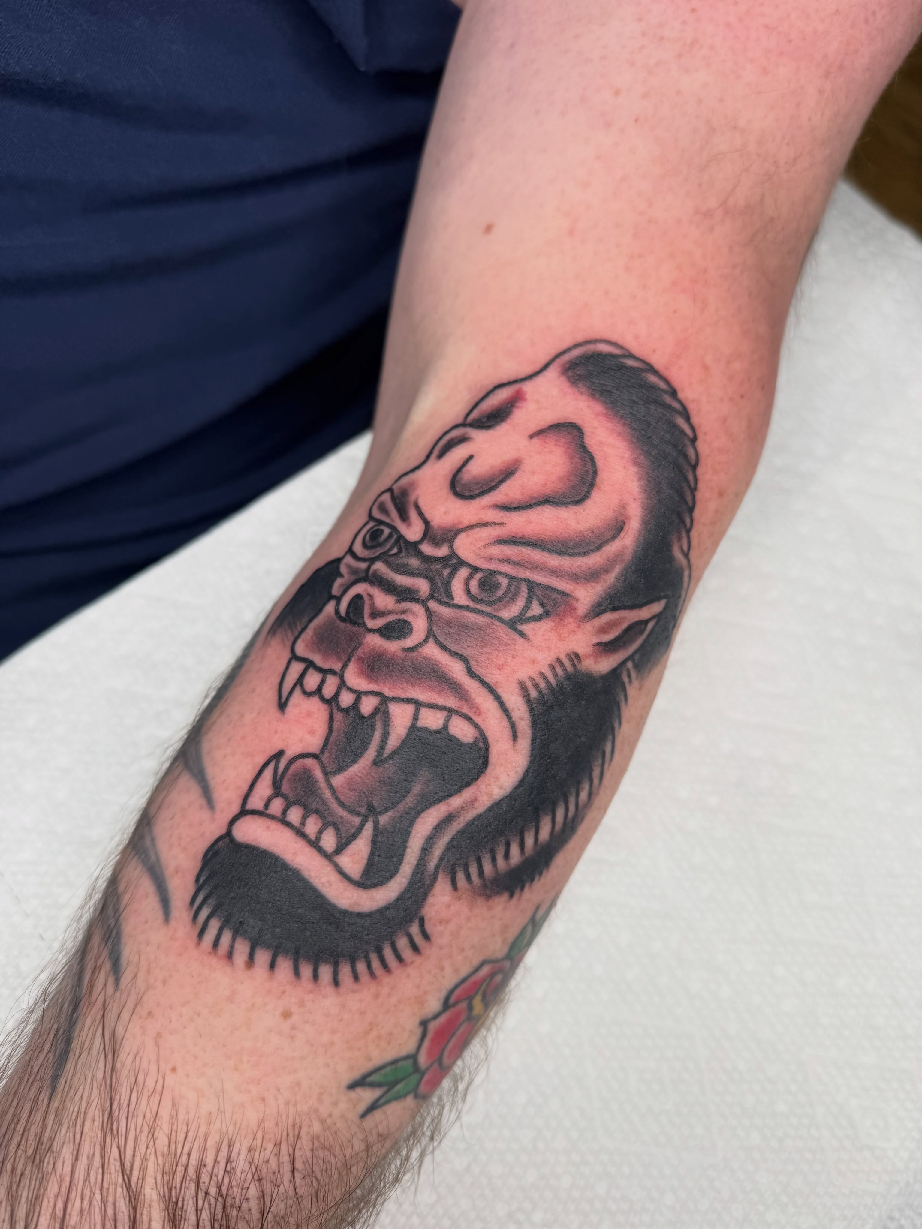 Angry gorilla head black and grey tattoo on the forearm by Eric James, Columbus, Ohio