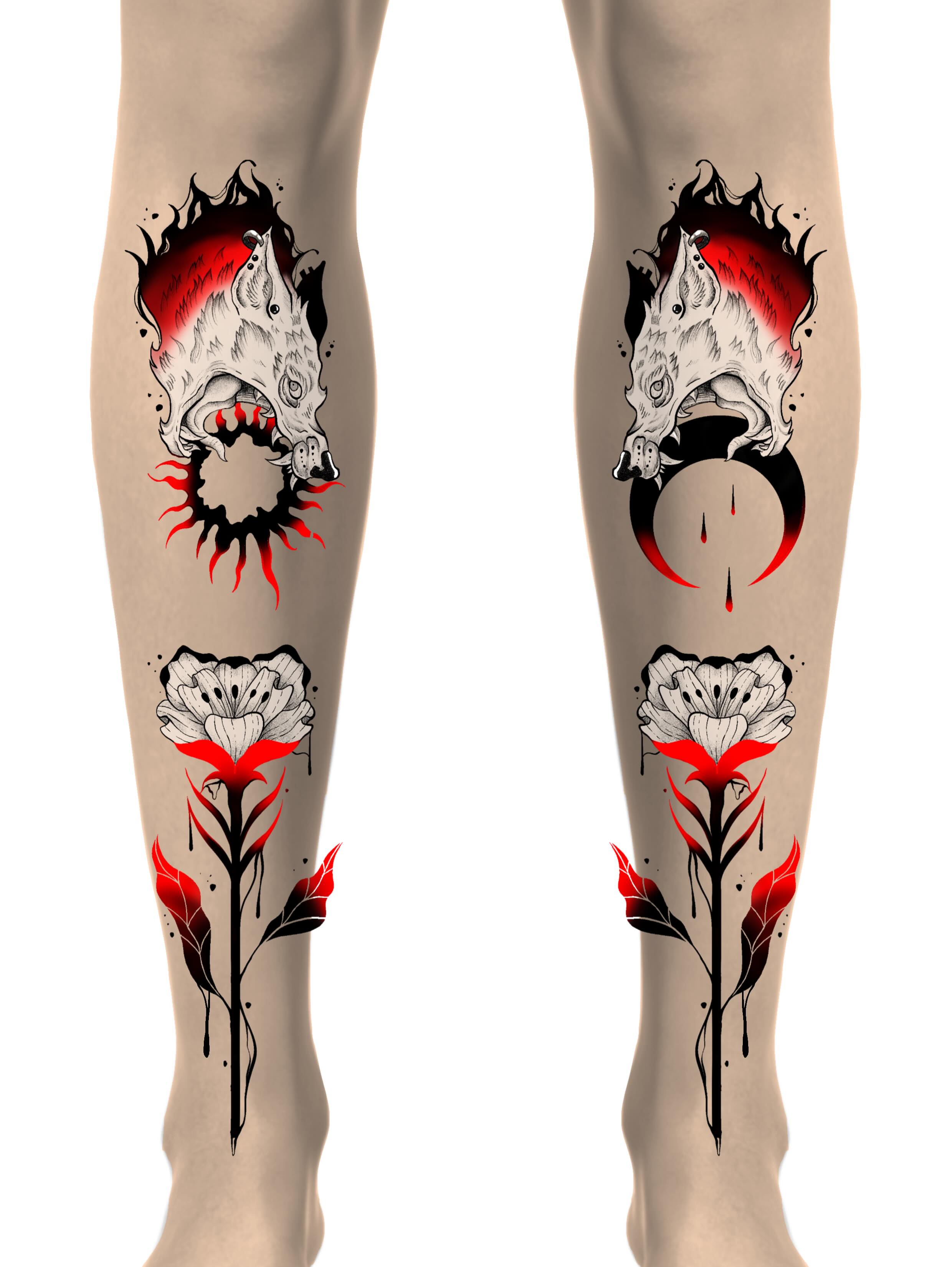 Wolf and rose American traditional tattoo on the calf by Shontel Fowler