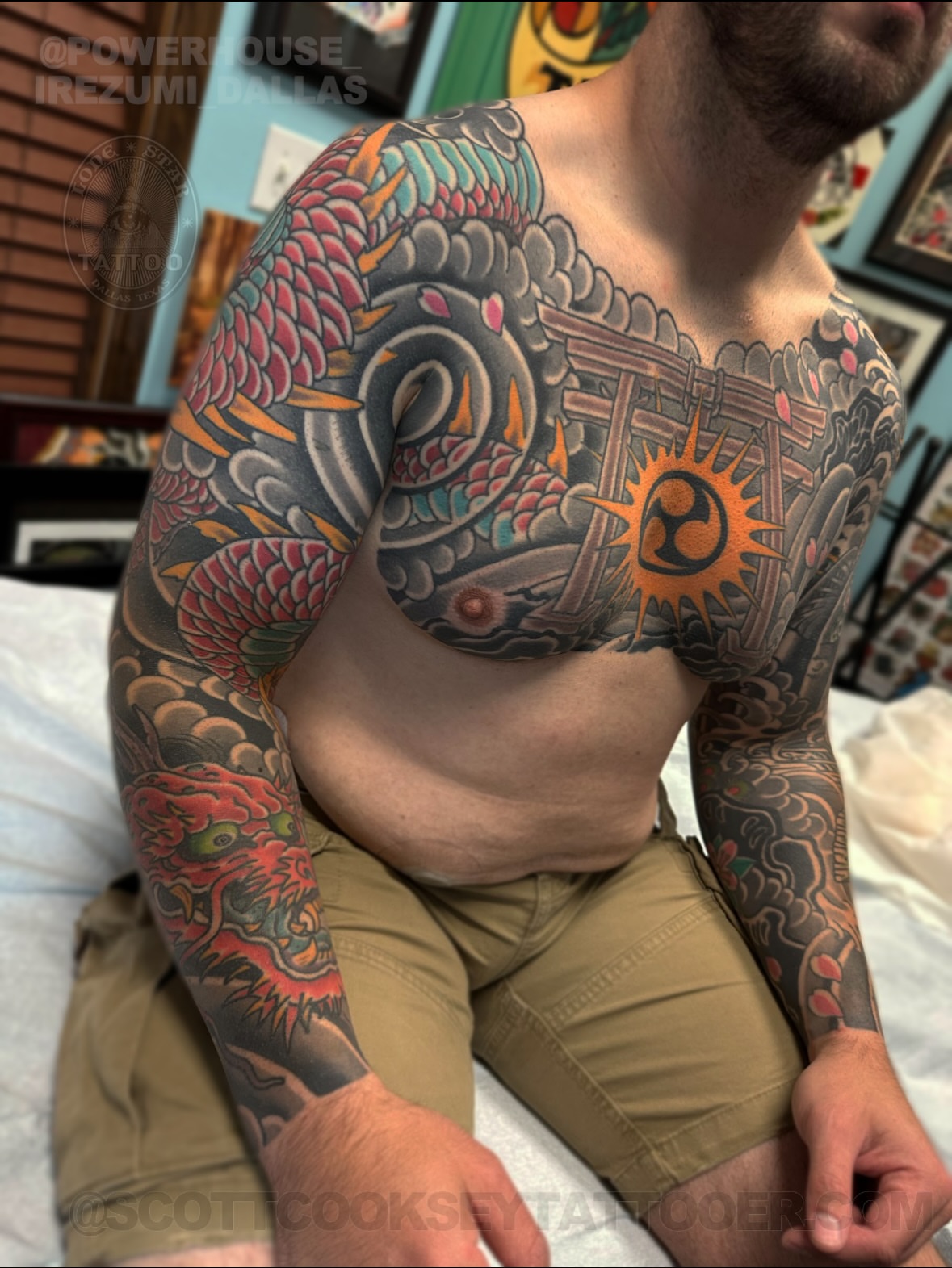 Dragon and sun japanese irezumi tattoo on the chest by Scott Allen Cooksey, Plano, Texas