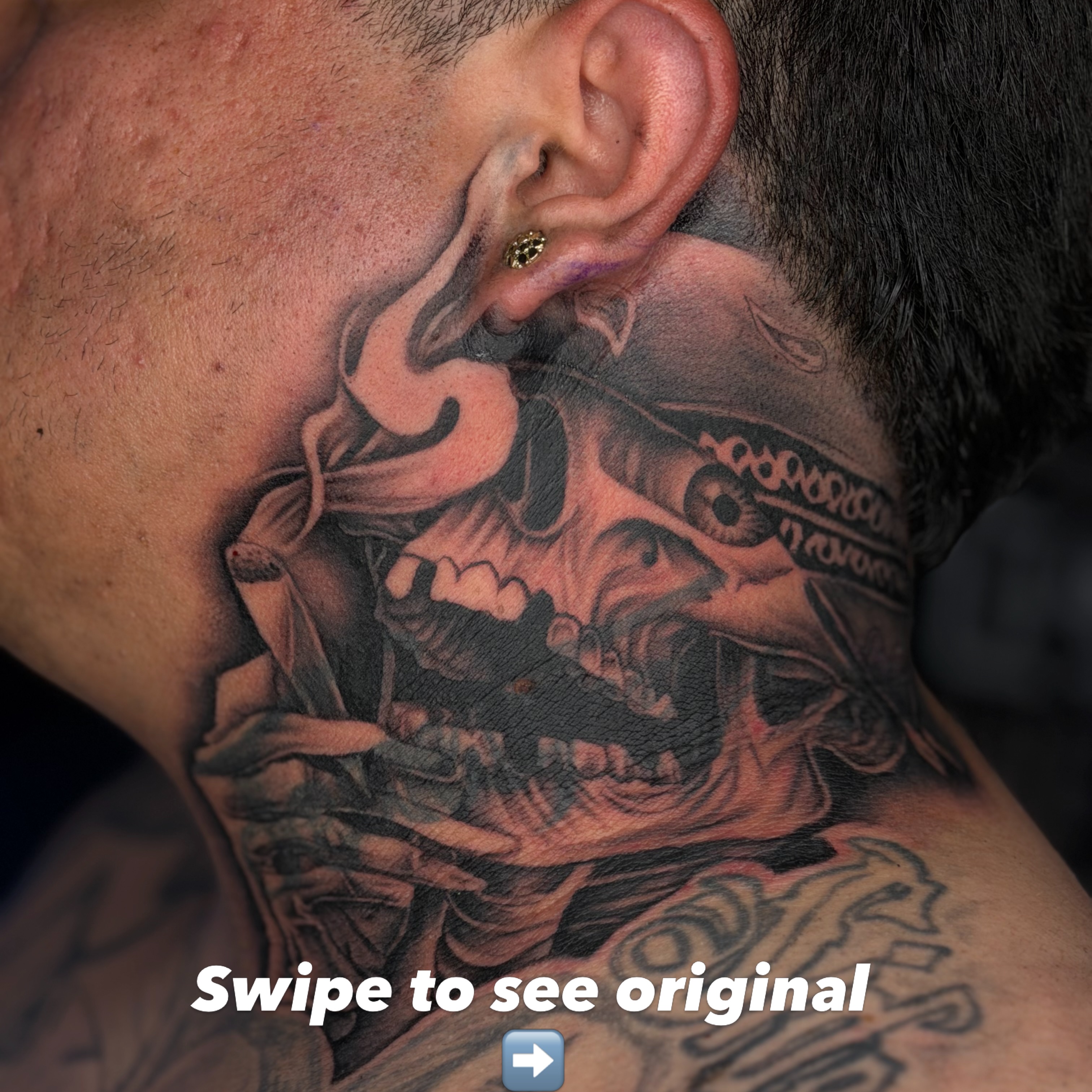 Skull black and grey tattoo on the neck by San Diego Tattoo Artist