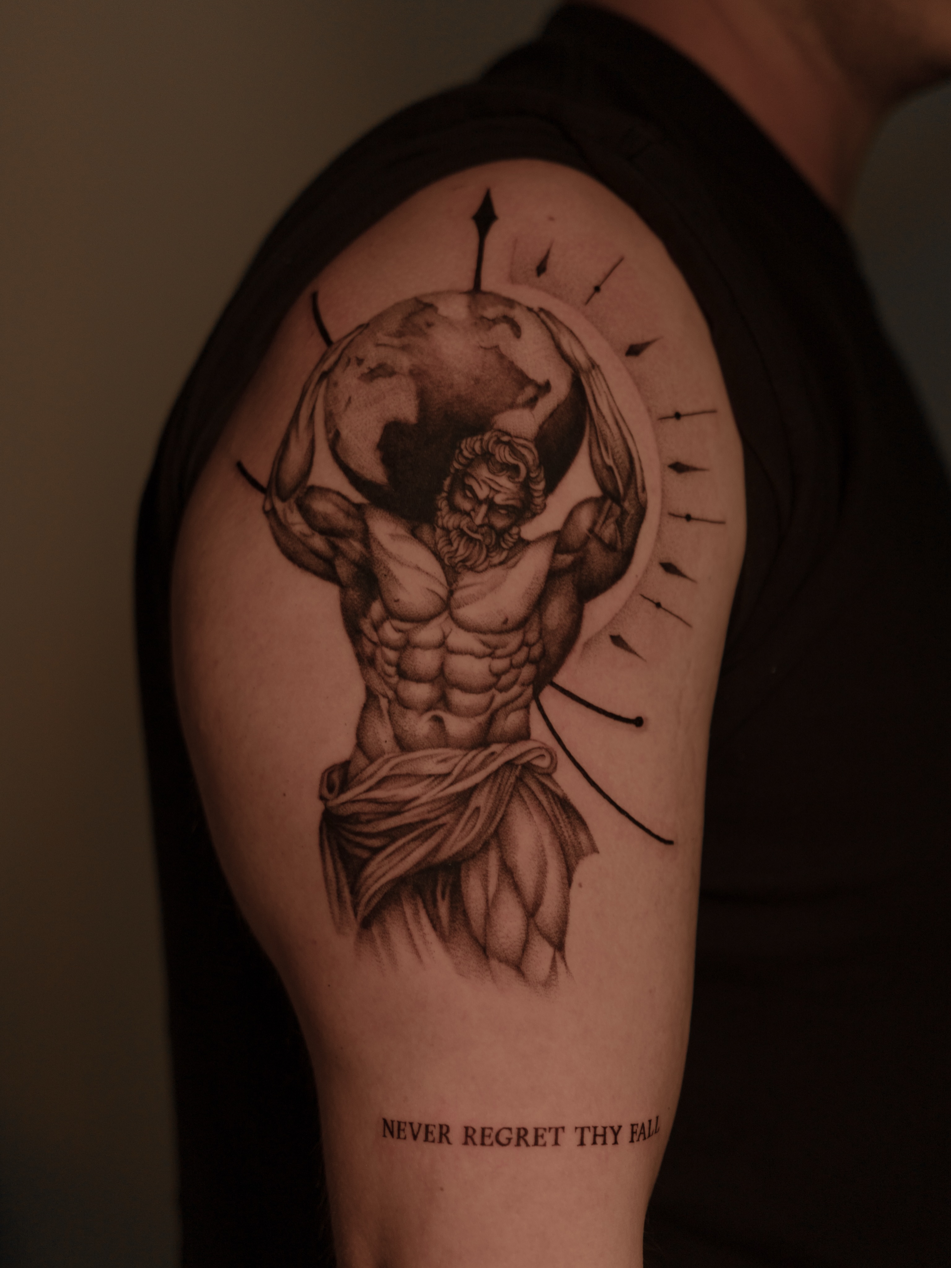 Atlas holding globe realism tattoo on the shoulder by Jen- San Antonio tattoo artist