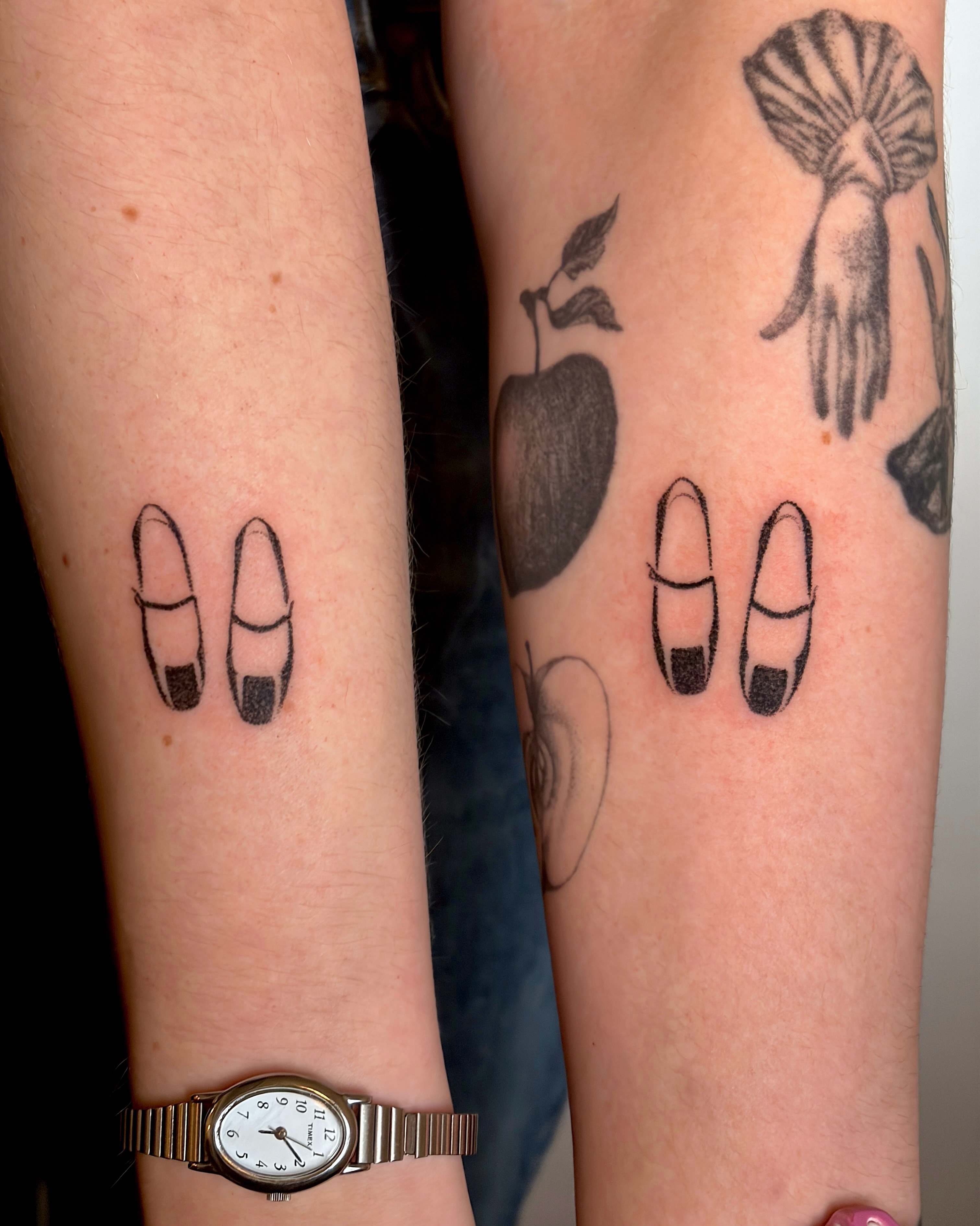 Shoes black and grey tattoo on the forearm by alli ミ☆