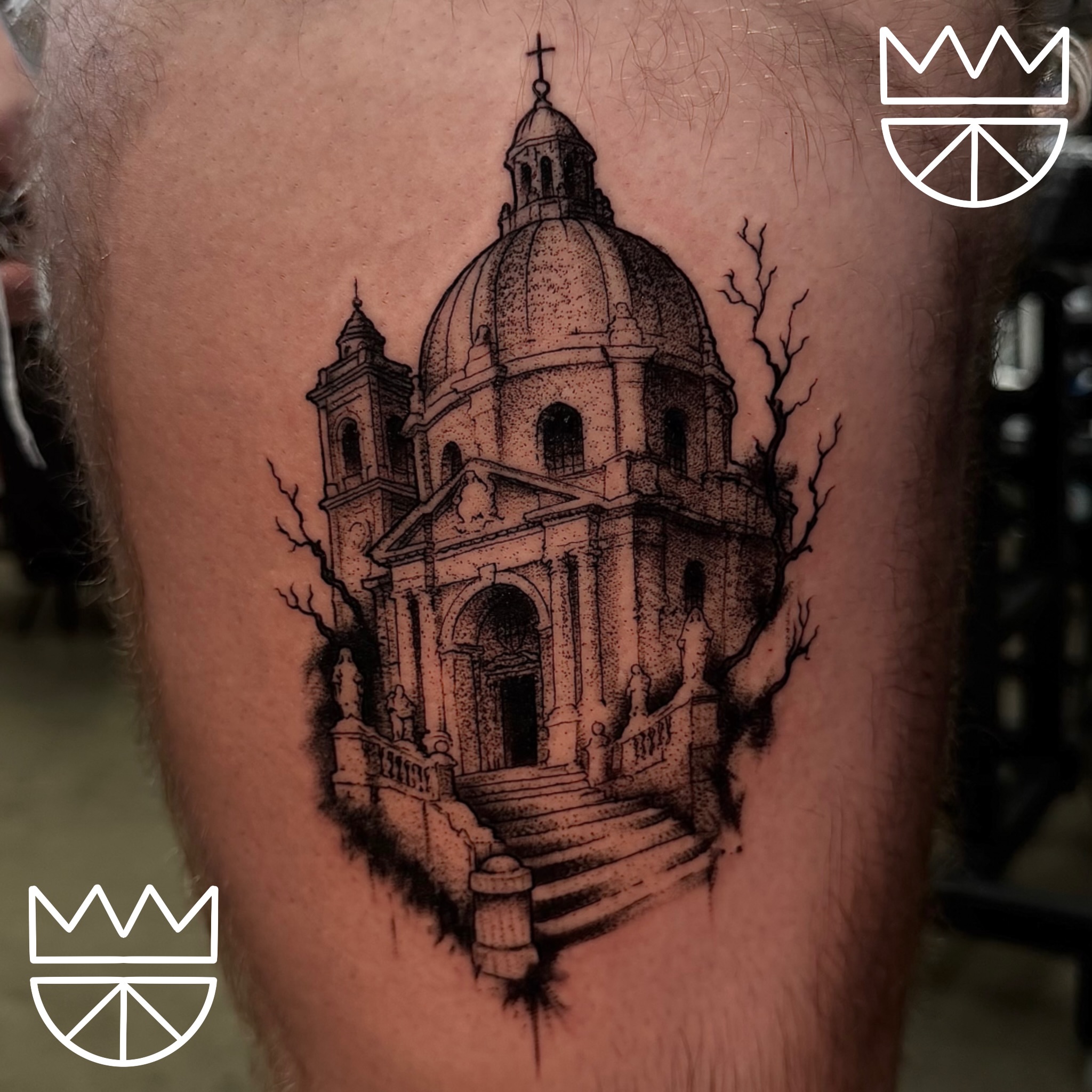 Church dotwork tattoo on the thigh by Prncjordn, Stallings, North Carolina