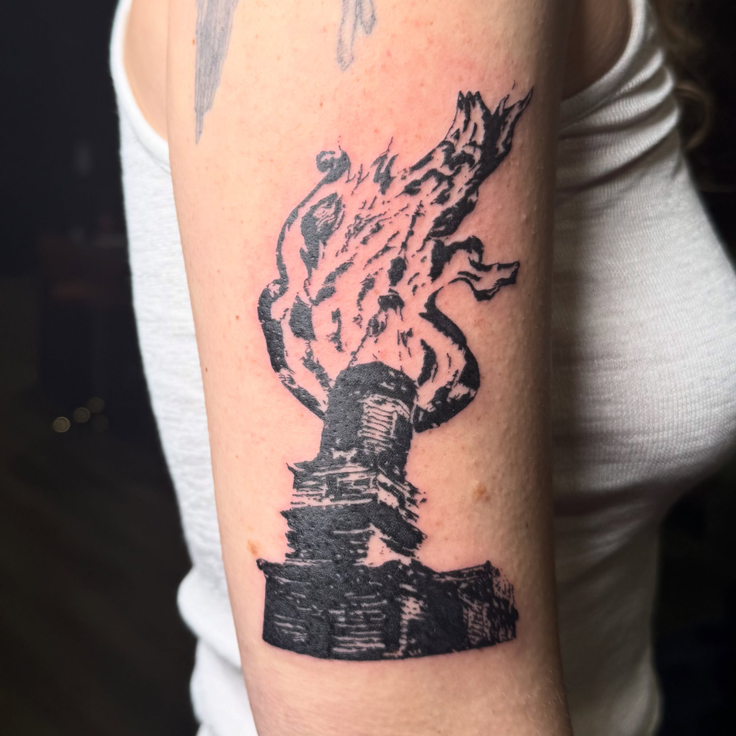 Flame black and grey tattoo on the forearm by 🌸Blossom🌸
