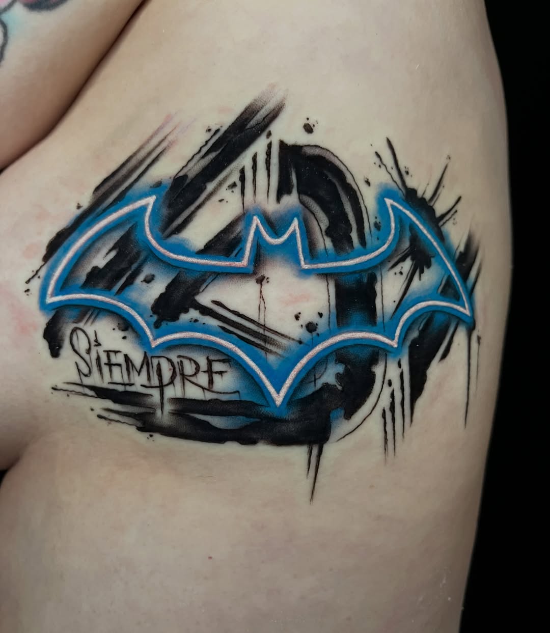 Bat symbol new school tattoo on the thigh by Cuda