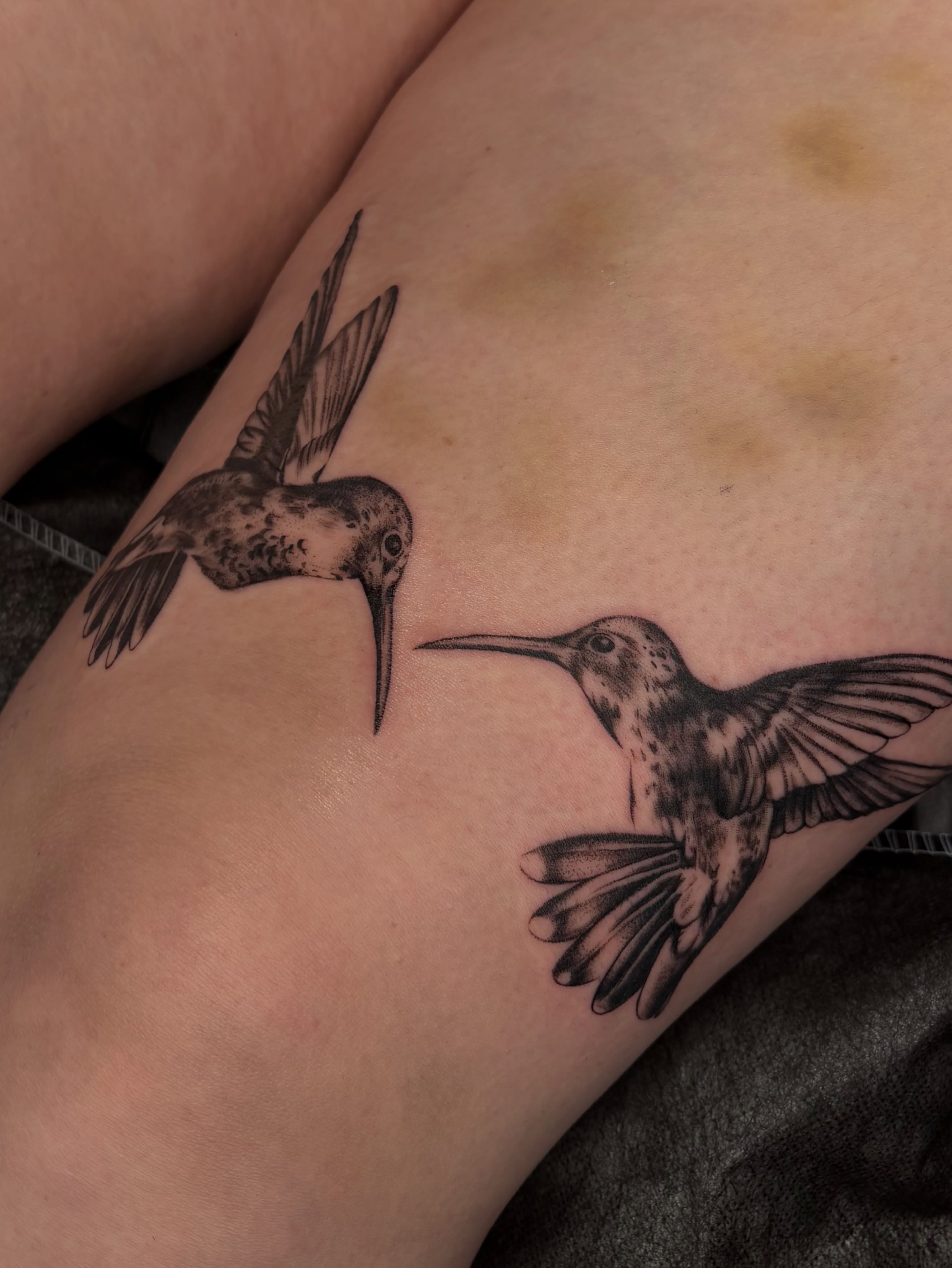 Hummingbirds black and grey tattoo on the thigh by emery ♡ slc utah tattoo artist