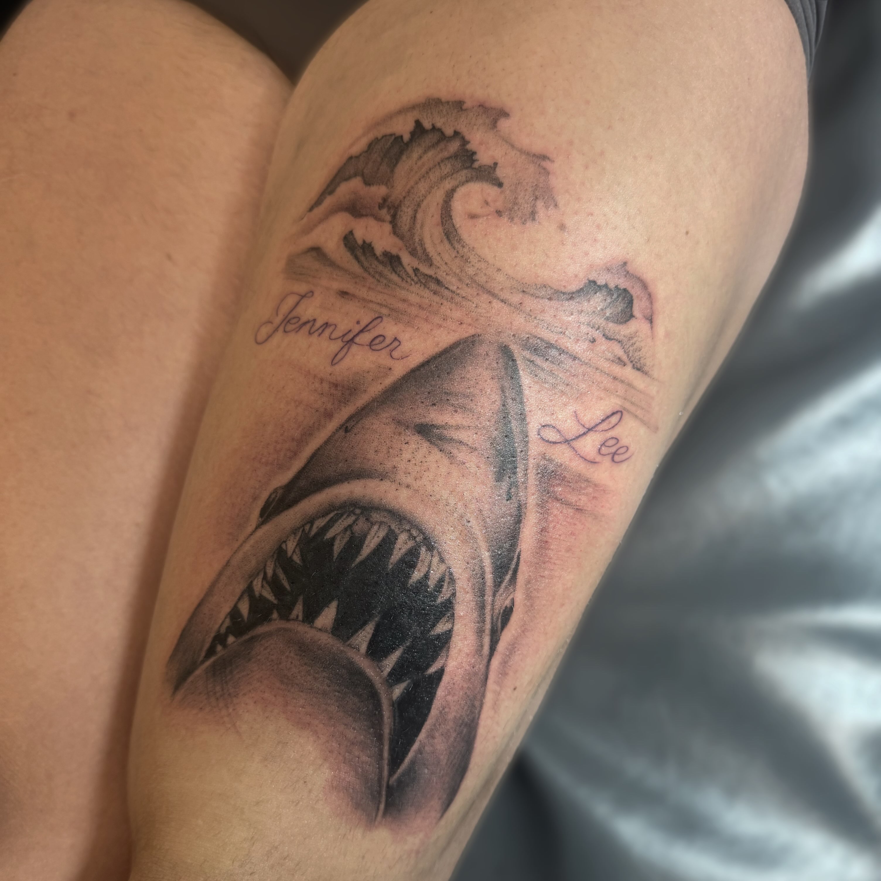 Shark realism tattoo on the upper arm by Kelsey 🖤 Tattoo Artist, Waterford Township