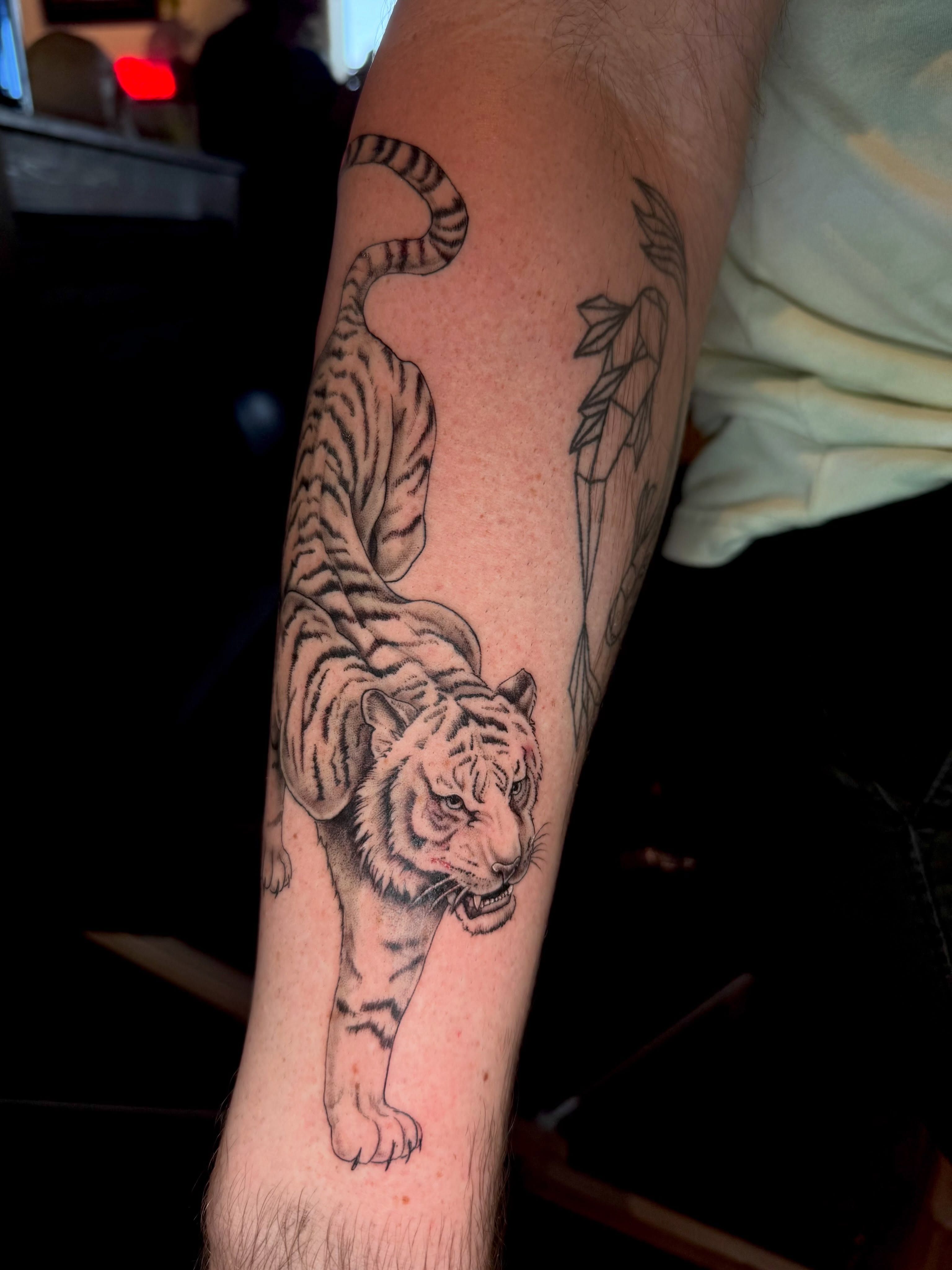 Tiger realism tattoo on the forearm by Gabrielle Mack