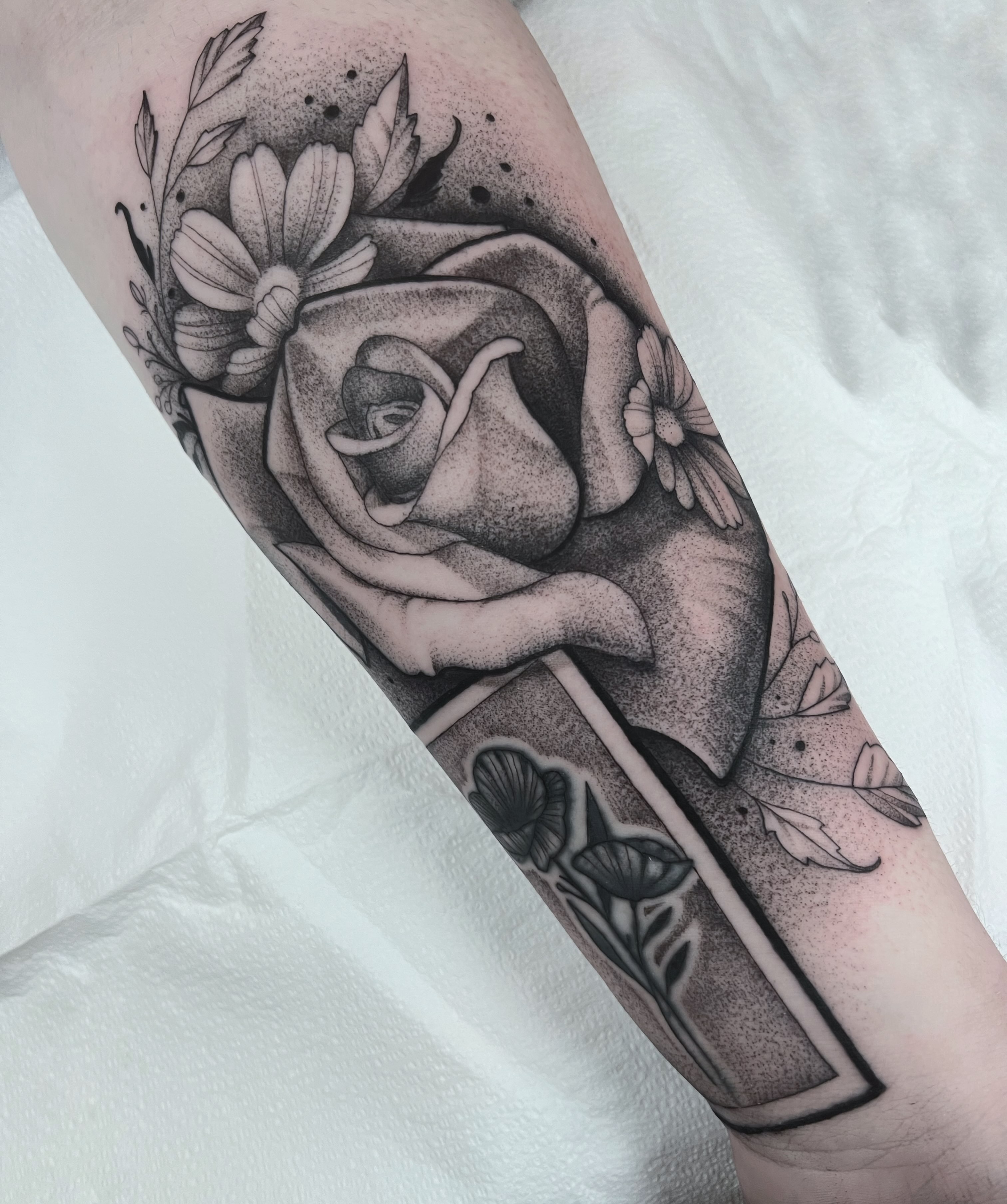 Tattoo by @annawolfftattoos — dotwork, black_and_grey