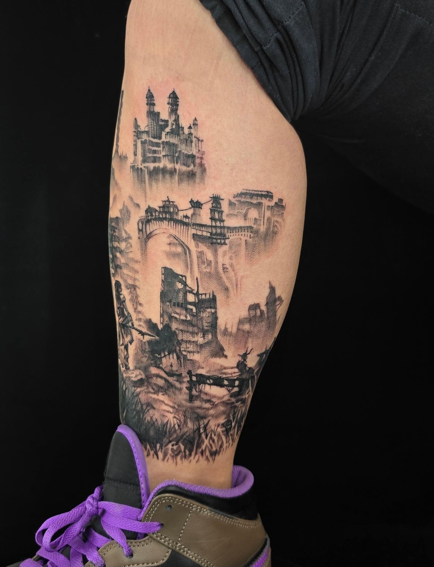 Castle ruins realism tattoo on the forearm by Tucker